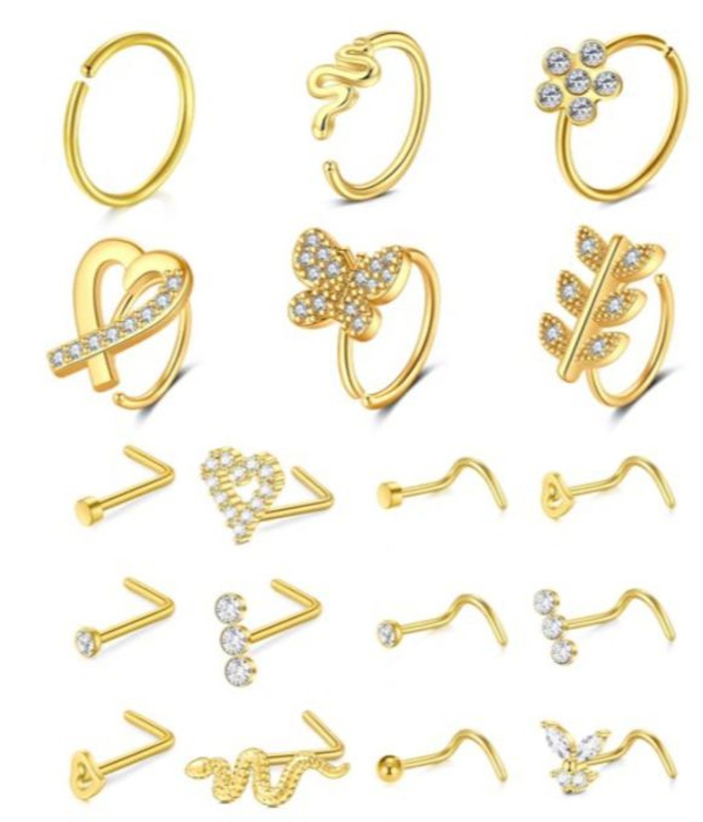 D.Bella Nose Rings Hoops 18pc Gold Tone 20G Studs New in Gift Pouch