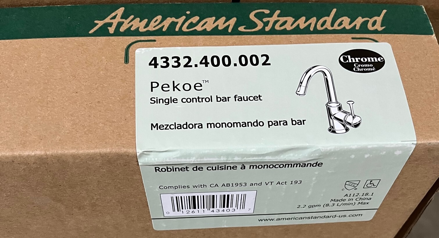 American Standard 4332.400.002 Pekoe Single Control Bar Faucet, Chrome