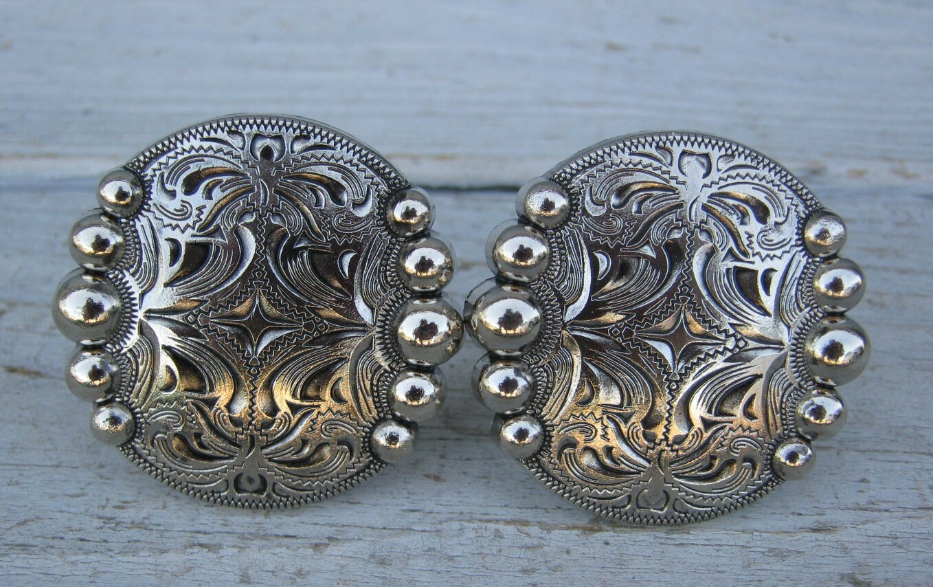 Engraved Nickel Plate Silver Spot Concho Screw Back 1" 1-1/2" Set of 2