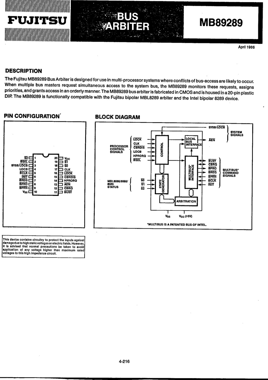 MB89289 FUJITSU Bus Arbiter Controller Multi Processor System Interface DIP-20