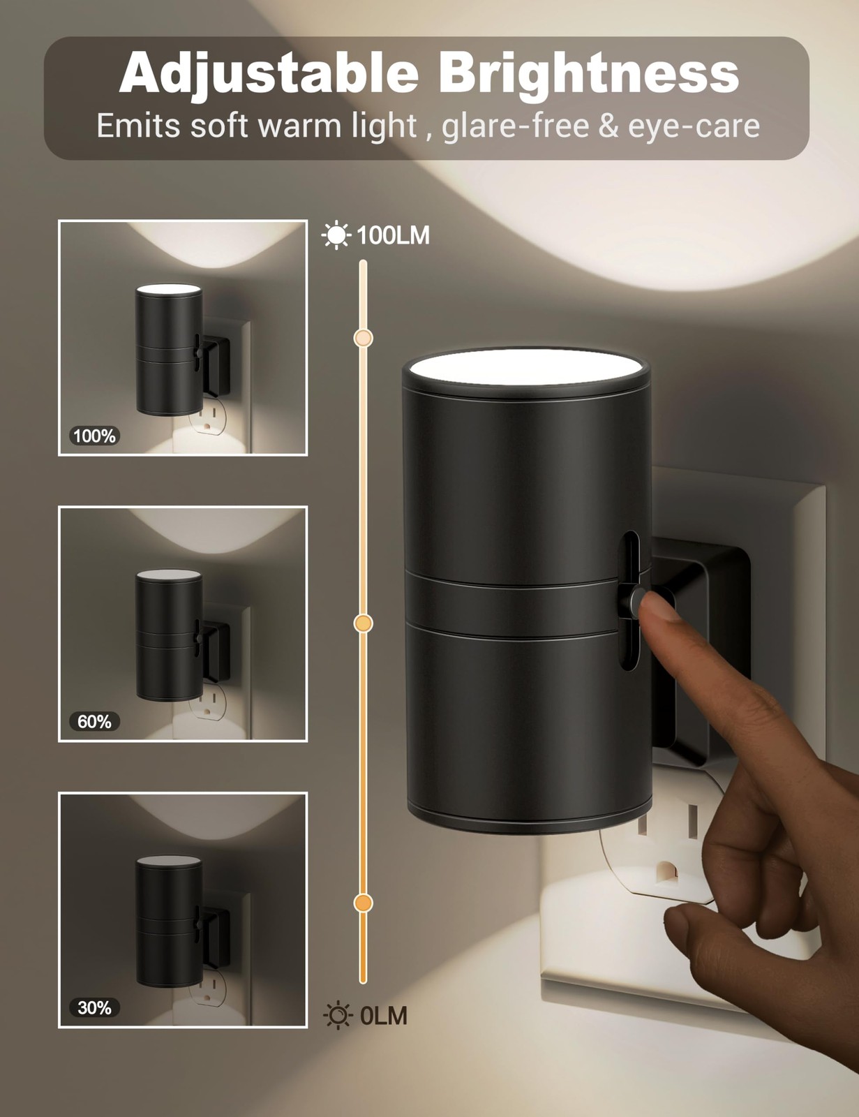 Night Lights Plug into Wall, Dimmable Light in, 2 Pack, Black