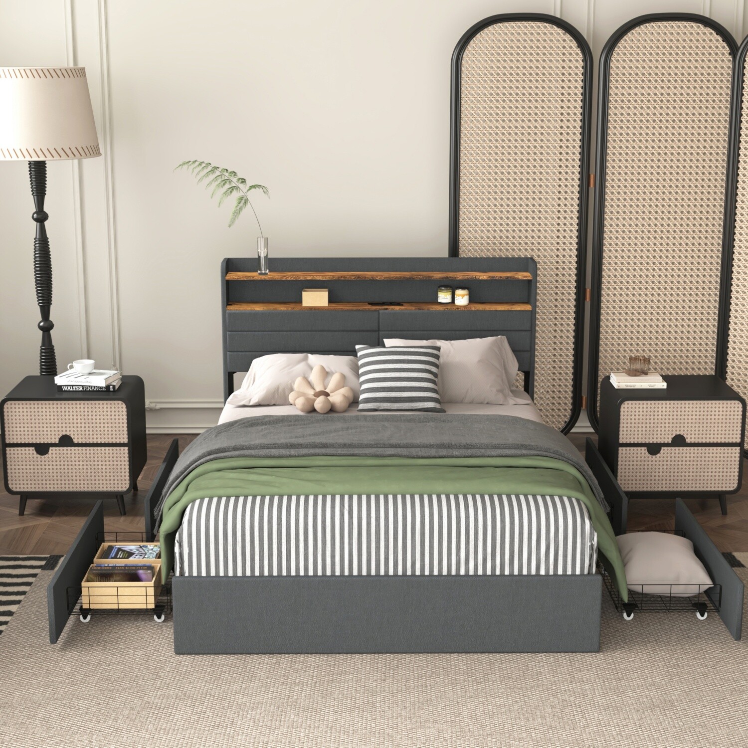 Full/Queen Size LED Bed Frame Upholstered Platform Bed w/ 4 Drawers & Headboard