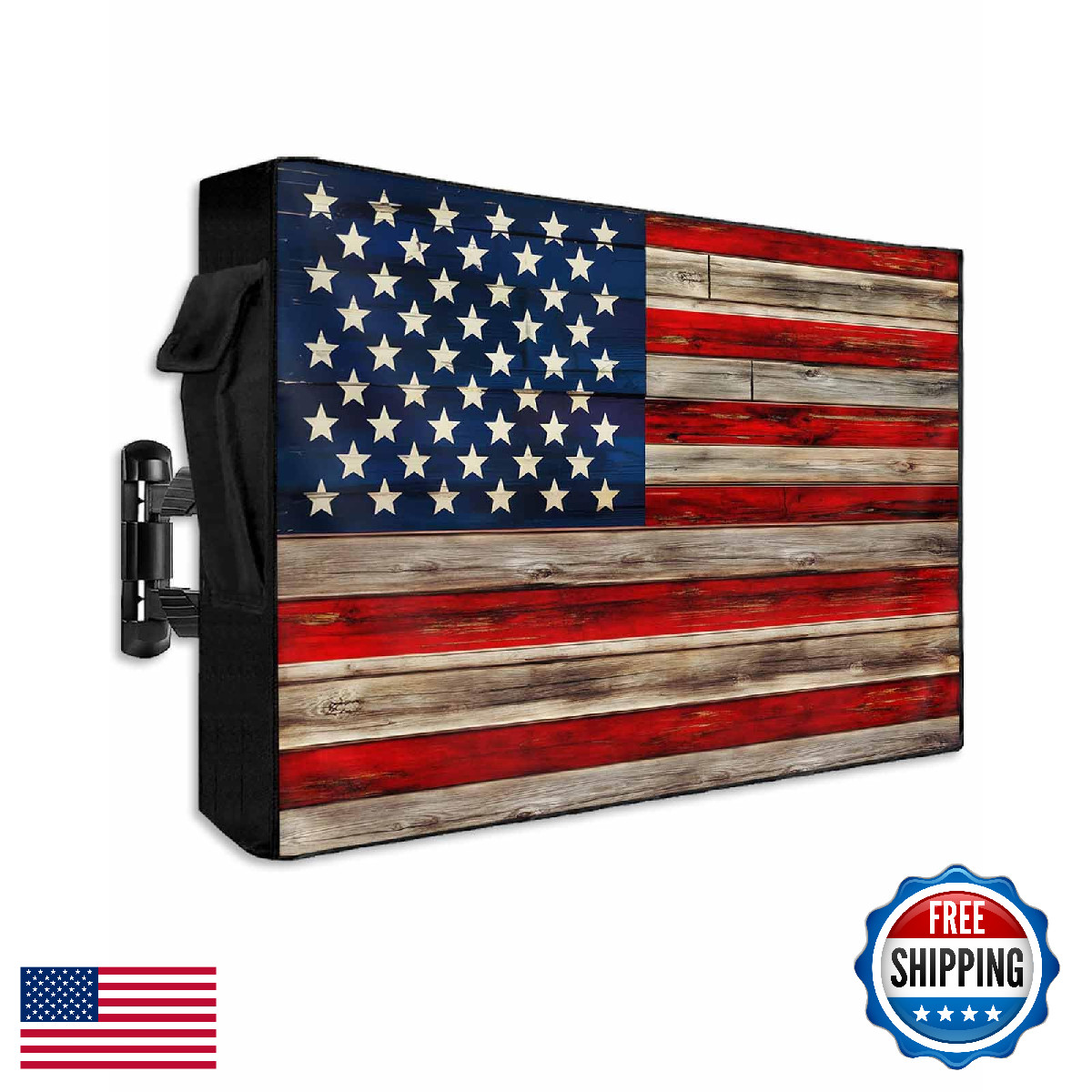 Lsrtoss 60-65" Outdoor TV Cover, Weatherproof, American Flag, Vintage Wood