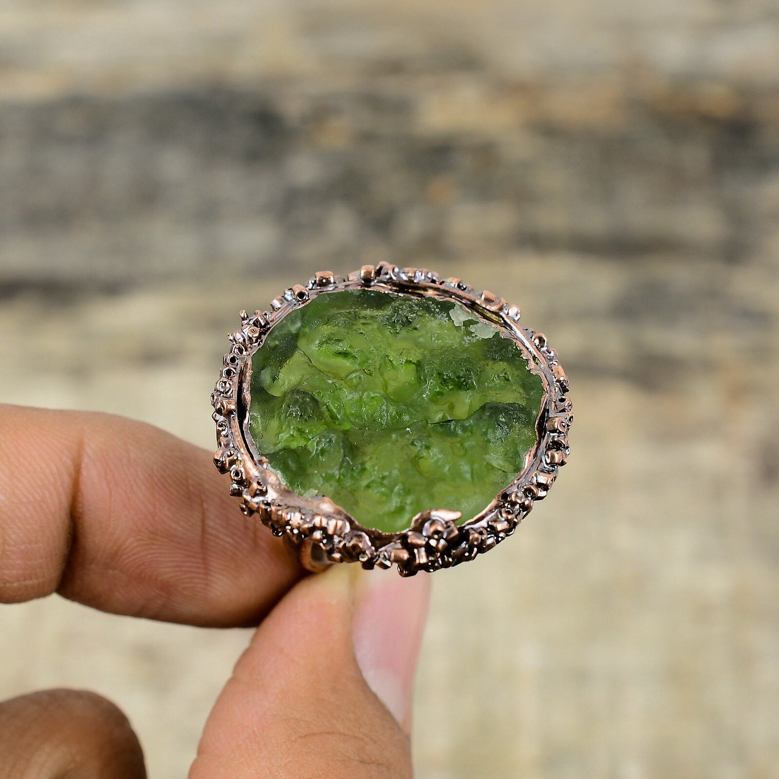 Moldavite Electroformed Solitaire Adjustable Ring Size Adjustable Copper