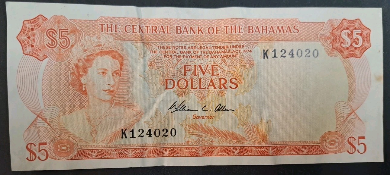 1974 Bahamas 5 Dollars Pick37b signature W.C. Allen, K124020.