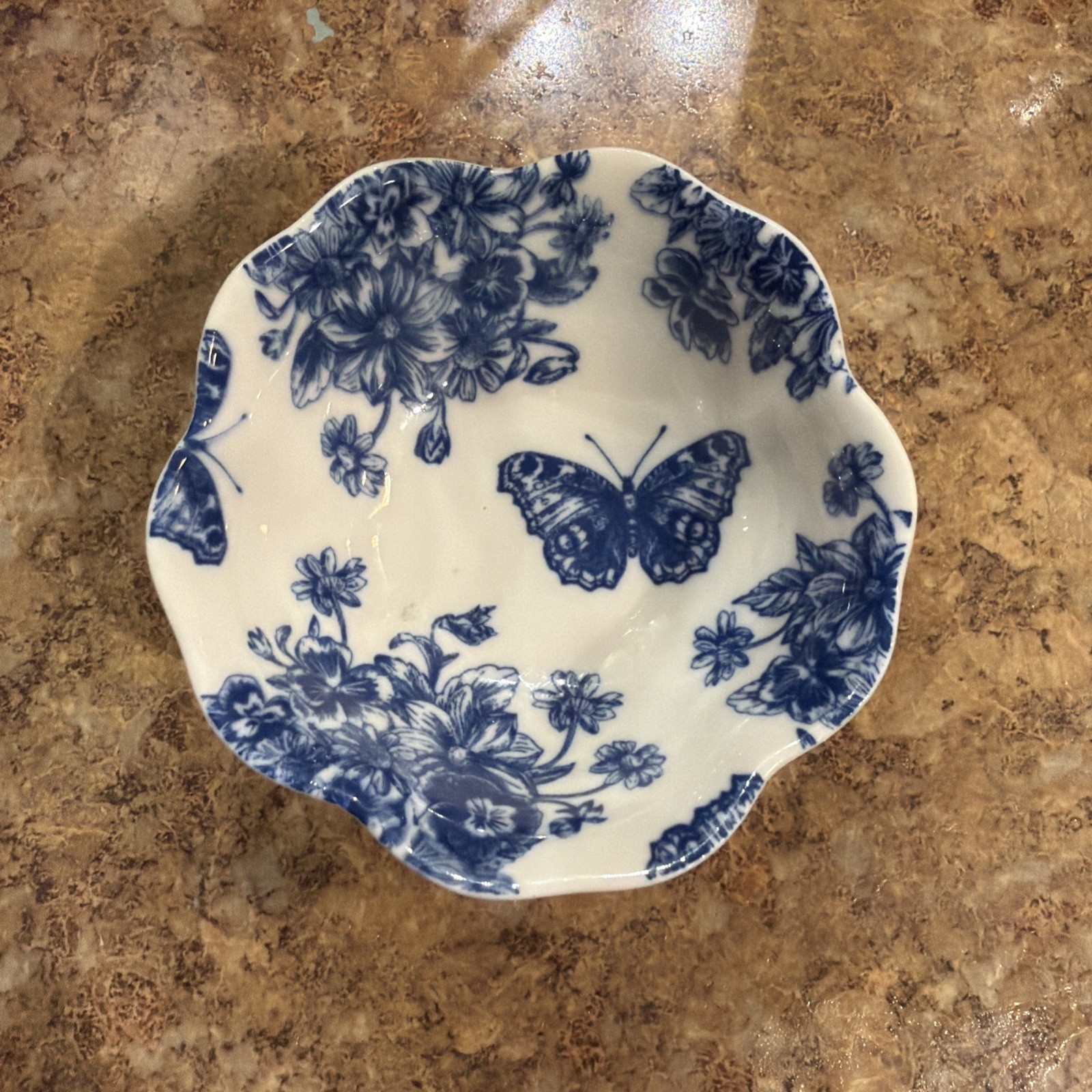 Blue White Butterfly Floral Scalloped Ceramic Trinket Ring Dish Bowl