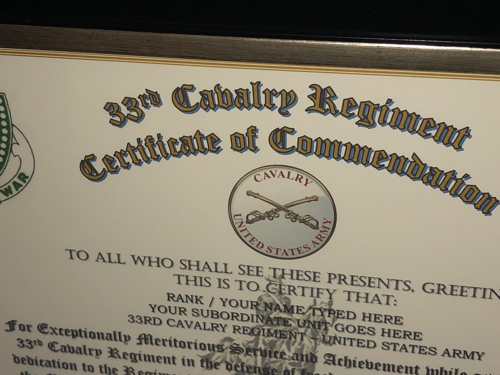 33RD U.S. CAVALRY REGIMENT / COMMEMORATIVE - CERTIFICATE OF COMMENDATION