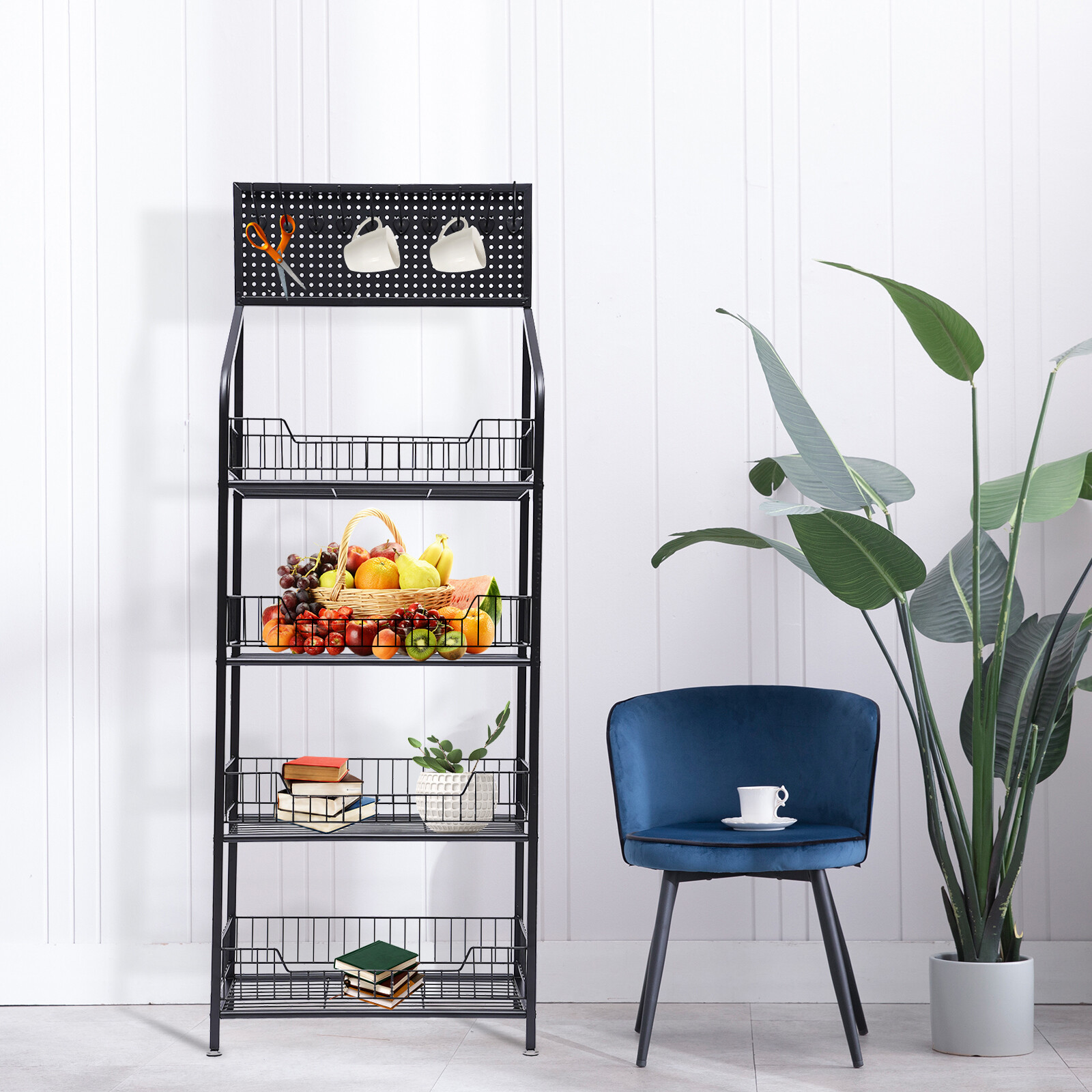 4-Tier Metal Baker's Rack With Locking Wheels, Wine Rack & 5 Hooks