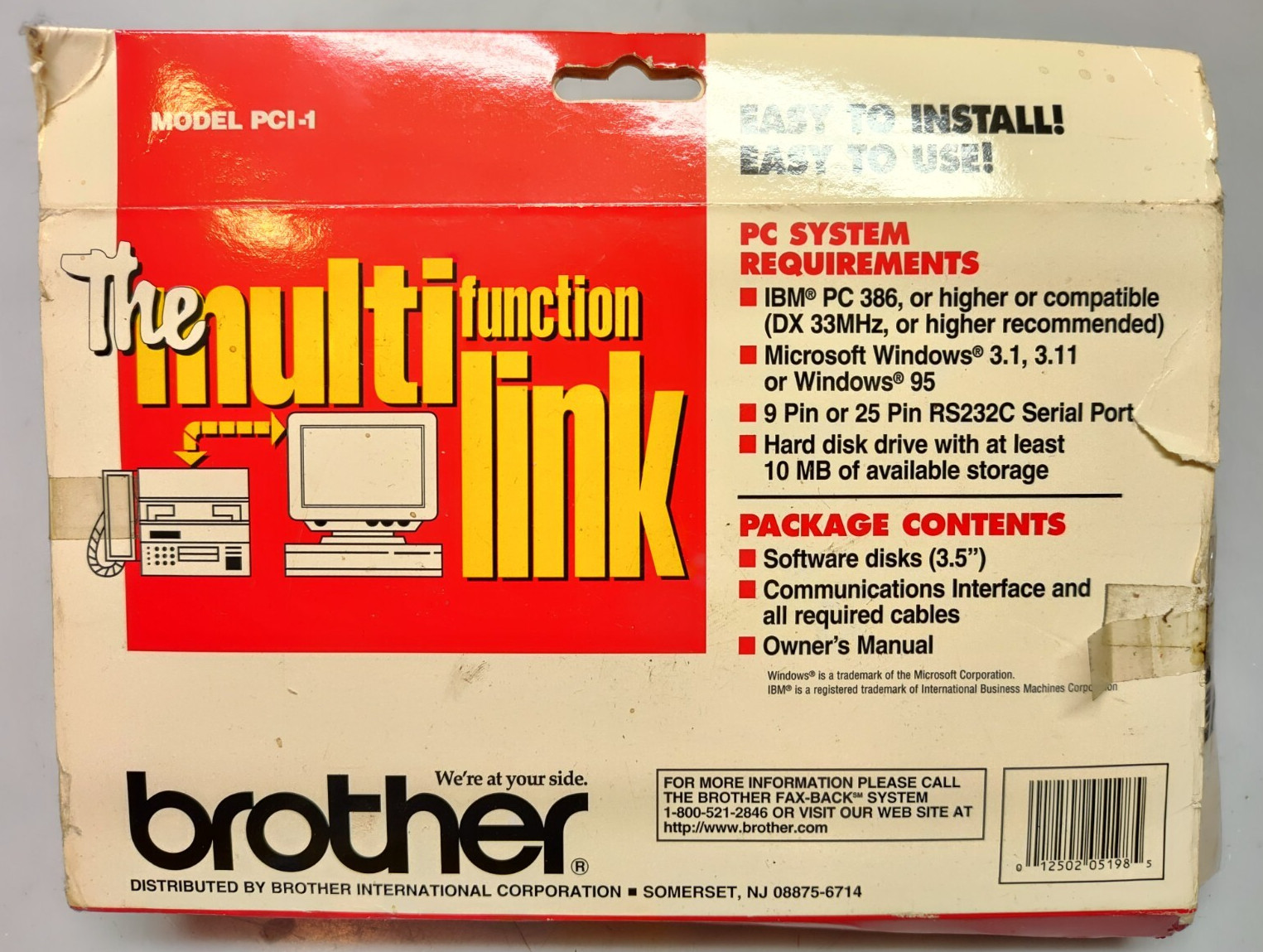 Vintage NOS Brother Missing Link Model PCI-1 Modem Fax Scanner Printer Software