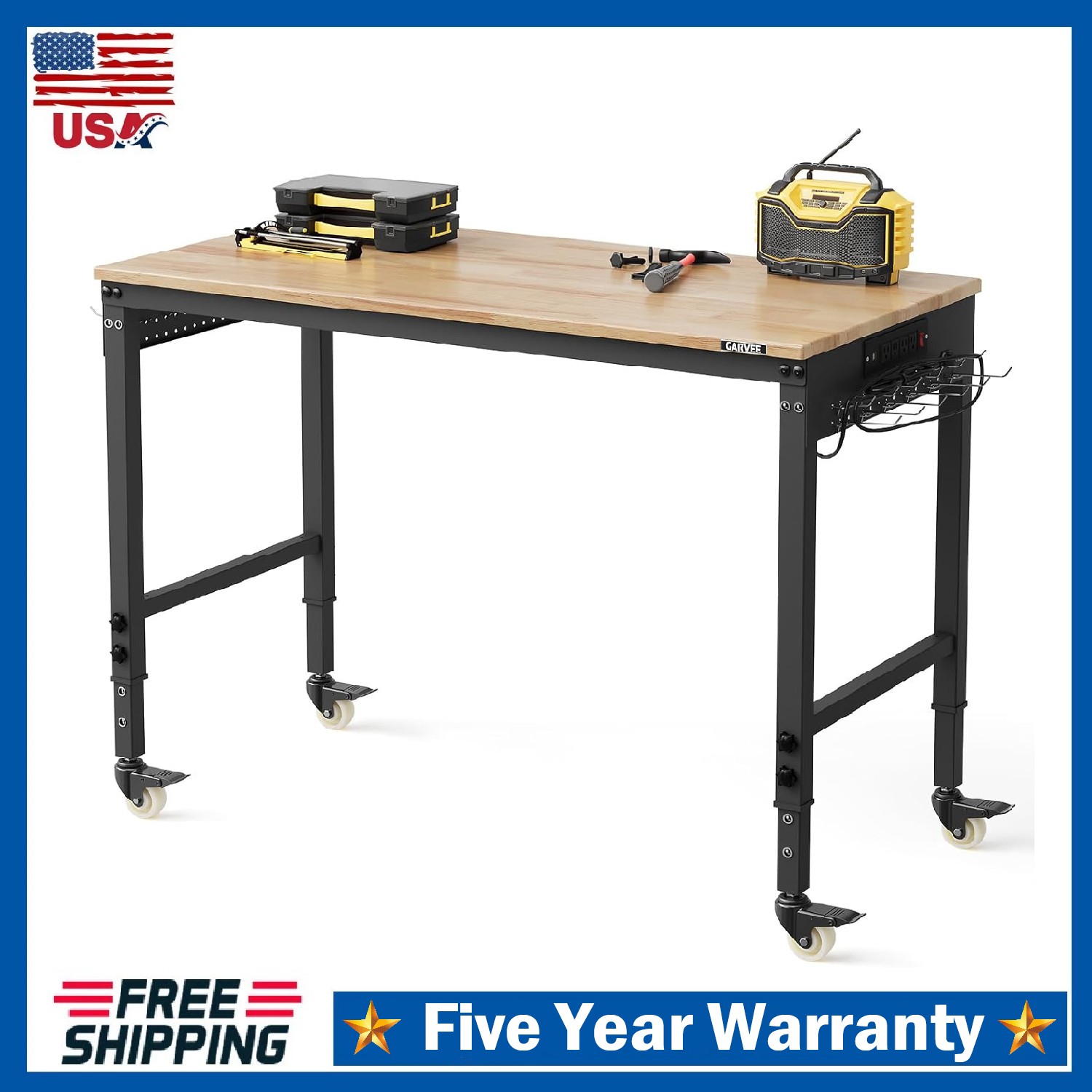 48" Adjustable Workbench 2000 LBS Work Table Garage with Power Outlet & Wheels