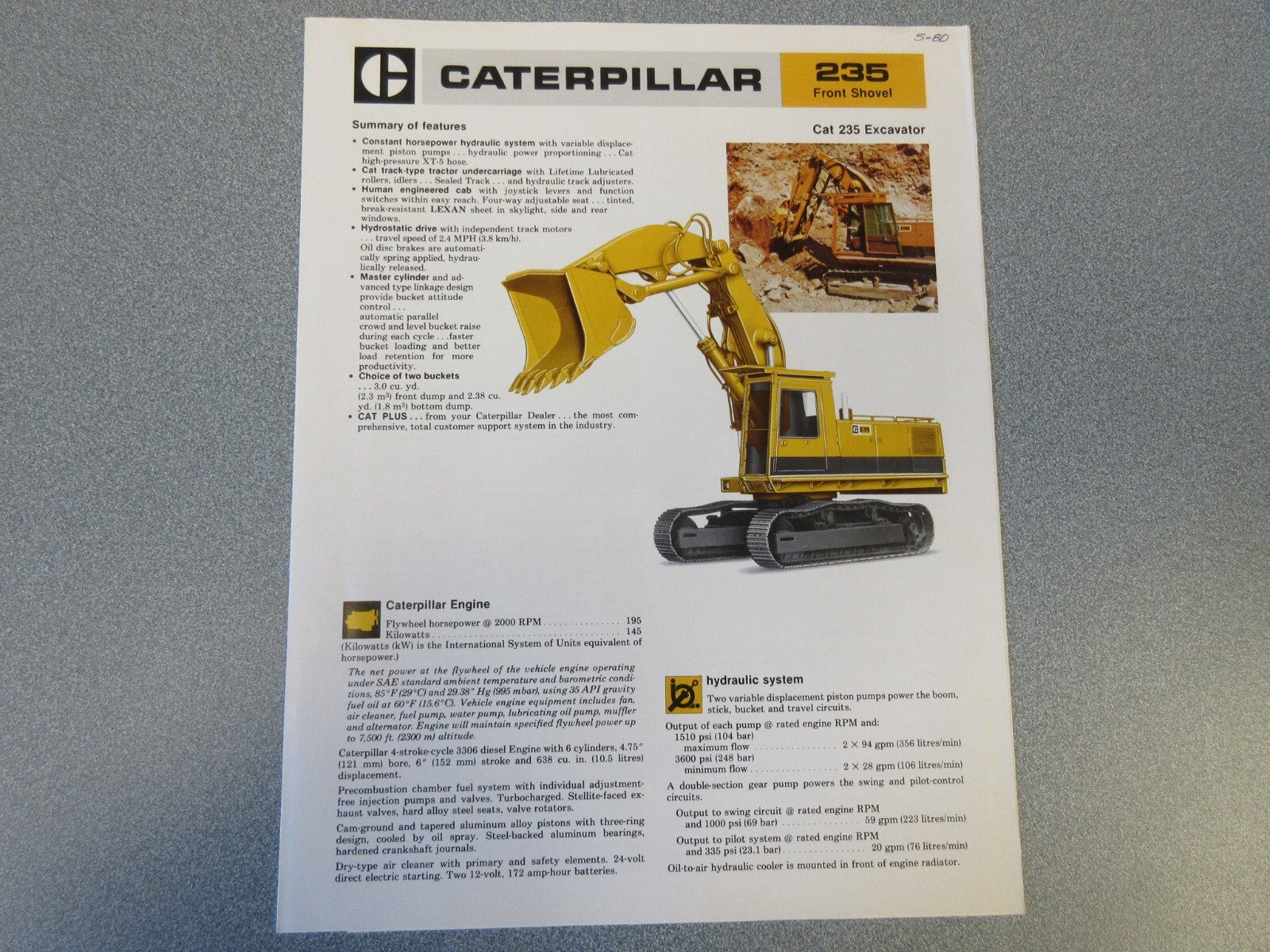 Caterpillar 235 Excavator Brochure 6 Page Good Condition