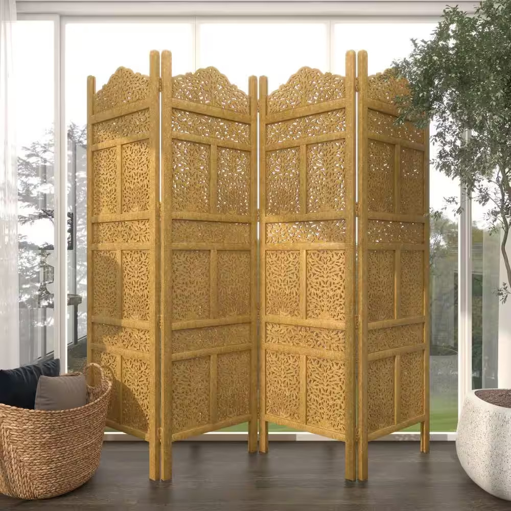 6 Ft. Gold 4 Panel Floral Handmade Foldable Partition Room Divider Screen with F
