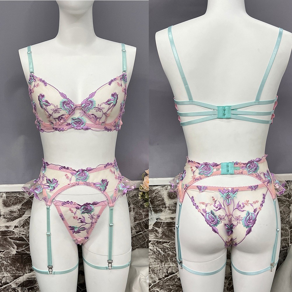 Women's Fairy Sexy  for LINGERIE Set Ruffle Garter Floral Transparent Underwear