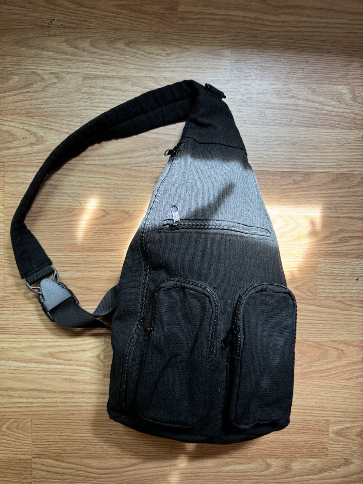 Black Hiking Shoulder Bag with Adjustable Strap, 4 Pockets, Zipper Closure