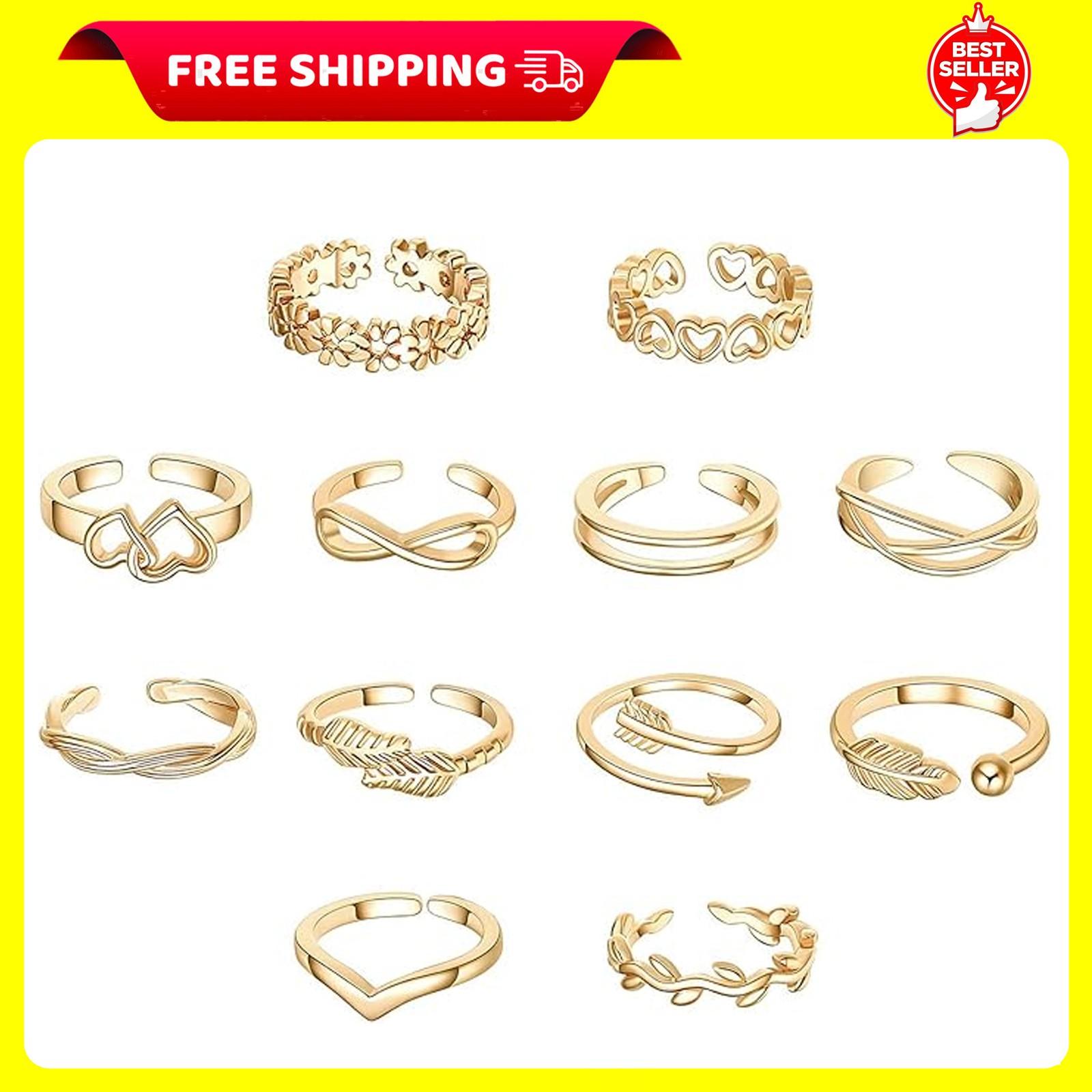 12PCS Toe Rings for Women 14K Gold/Silver Plated Adjustable Ring Set Gold