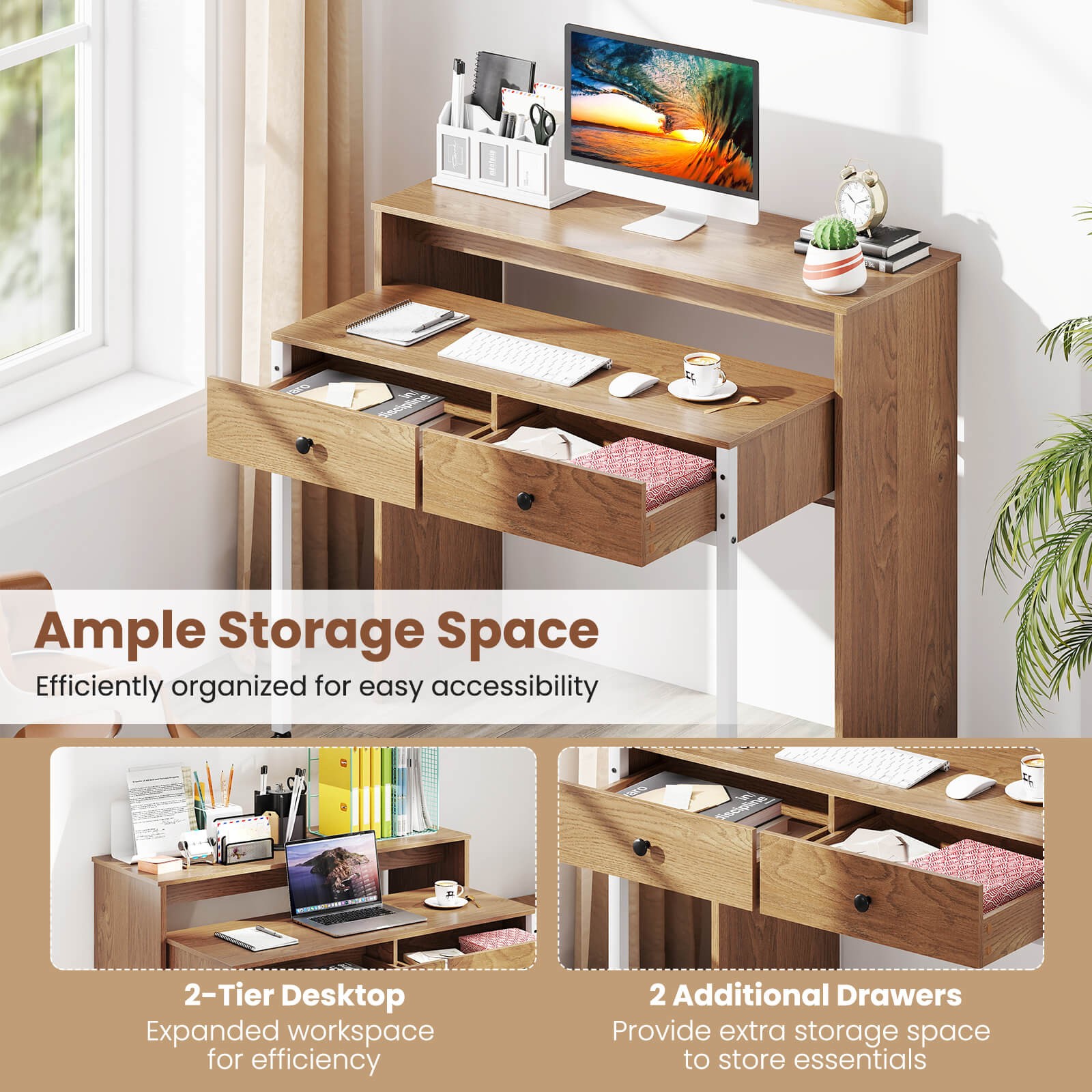 Extendable Computer Desk W/ Large Storage Space Workstation w/Drawer & Wheels