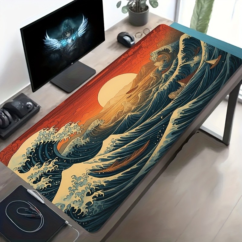 A Large Gaming Mouse Pad Featuring an Art Design Inspired by Ukiyo-E Waves And