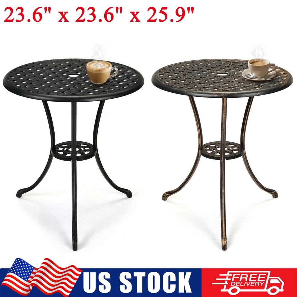 Patio Bistro Table 23.6" Cast Aluminum Outdoor Coffee Table w/ 2" Umbrella Hole