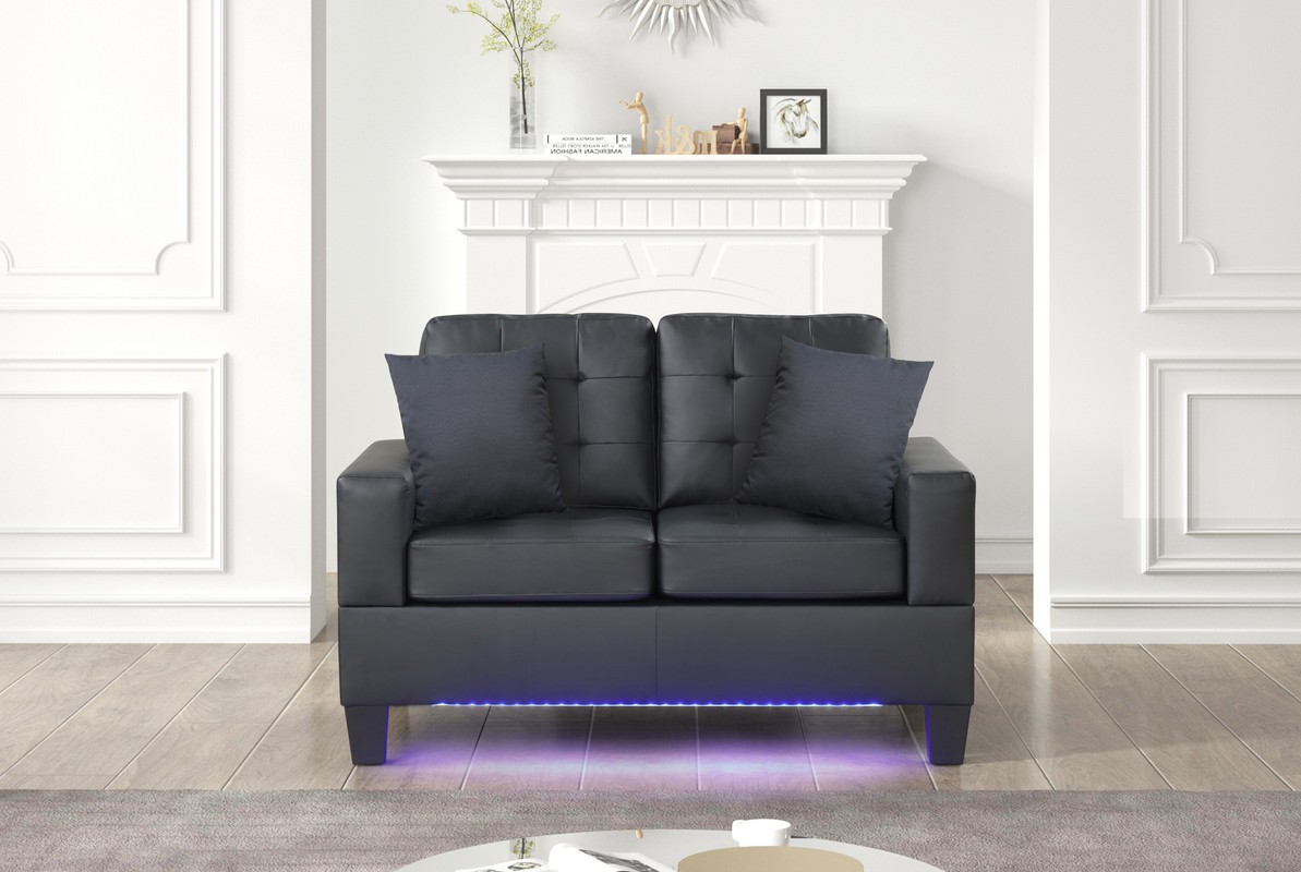 Genesis 55.5"W Black PVC Fabric Loveseat with LED Lights+USB+Tufted Cushions