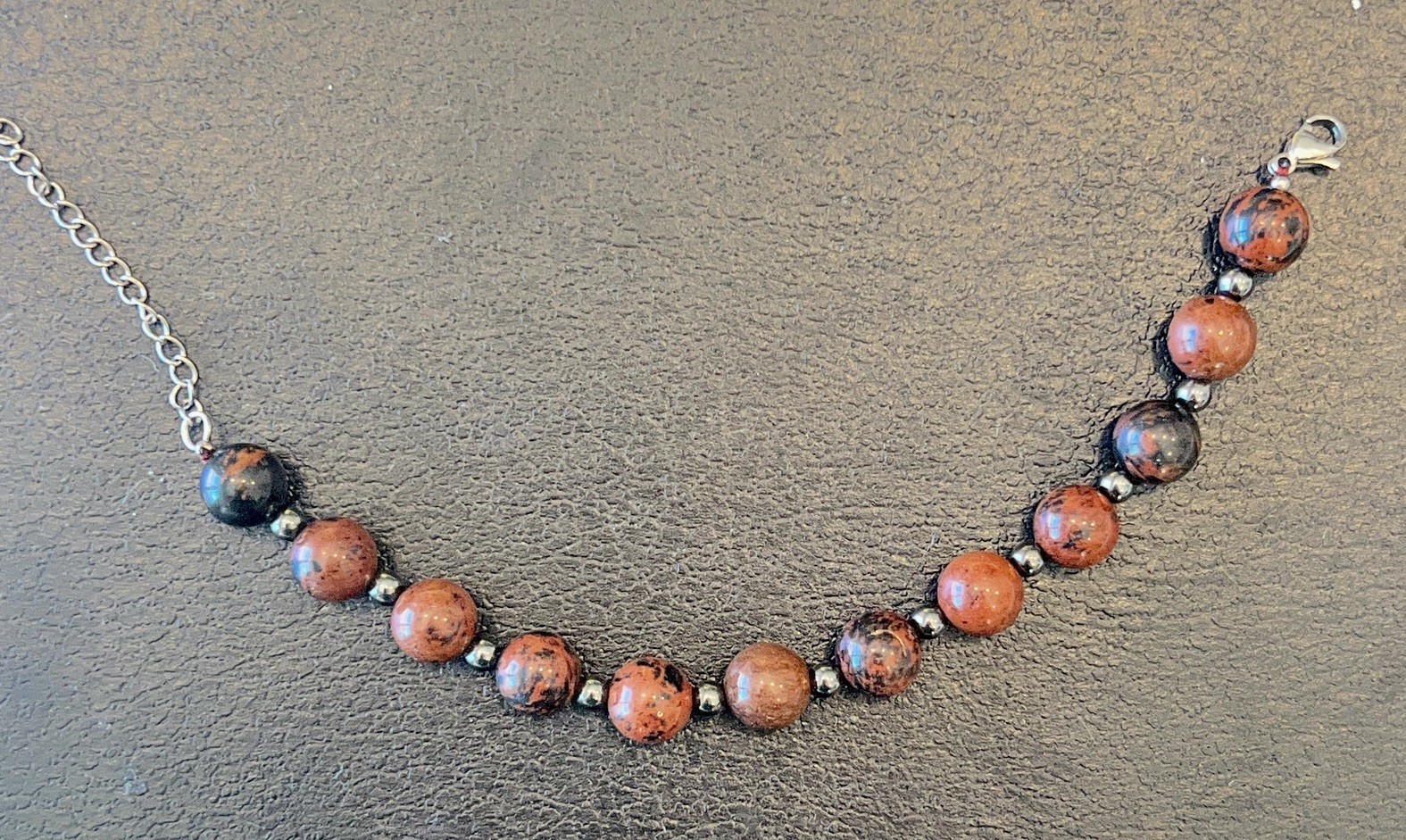 Beaded Adjustable Stone Bracelet Brown Black Round Beads Lobster Clasp Metal