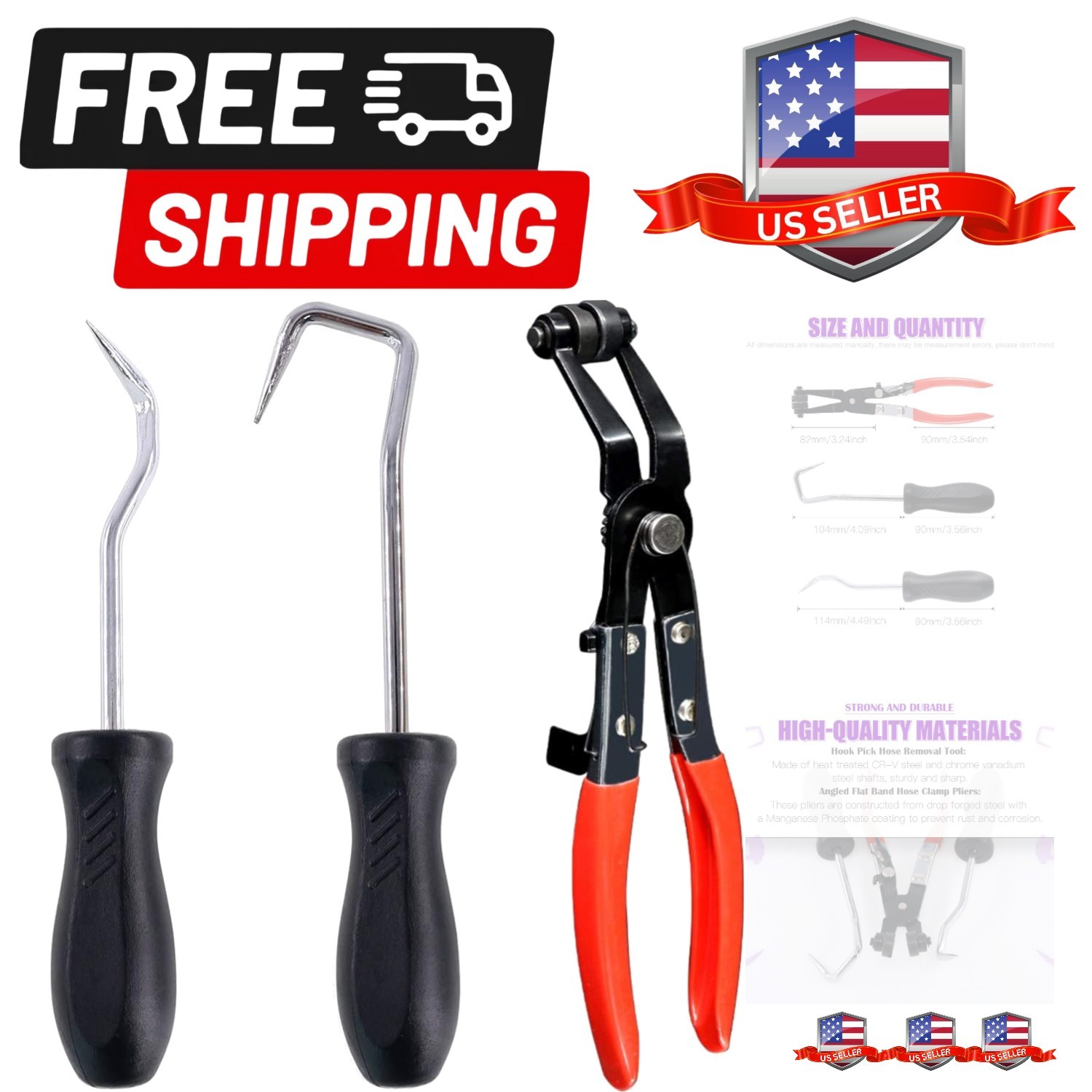 3Pcs Hose Clamp Plier Set, Including 2Pcs Hose Removal Hook Set with 45° Flat...