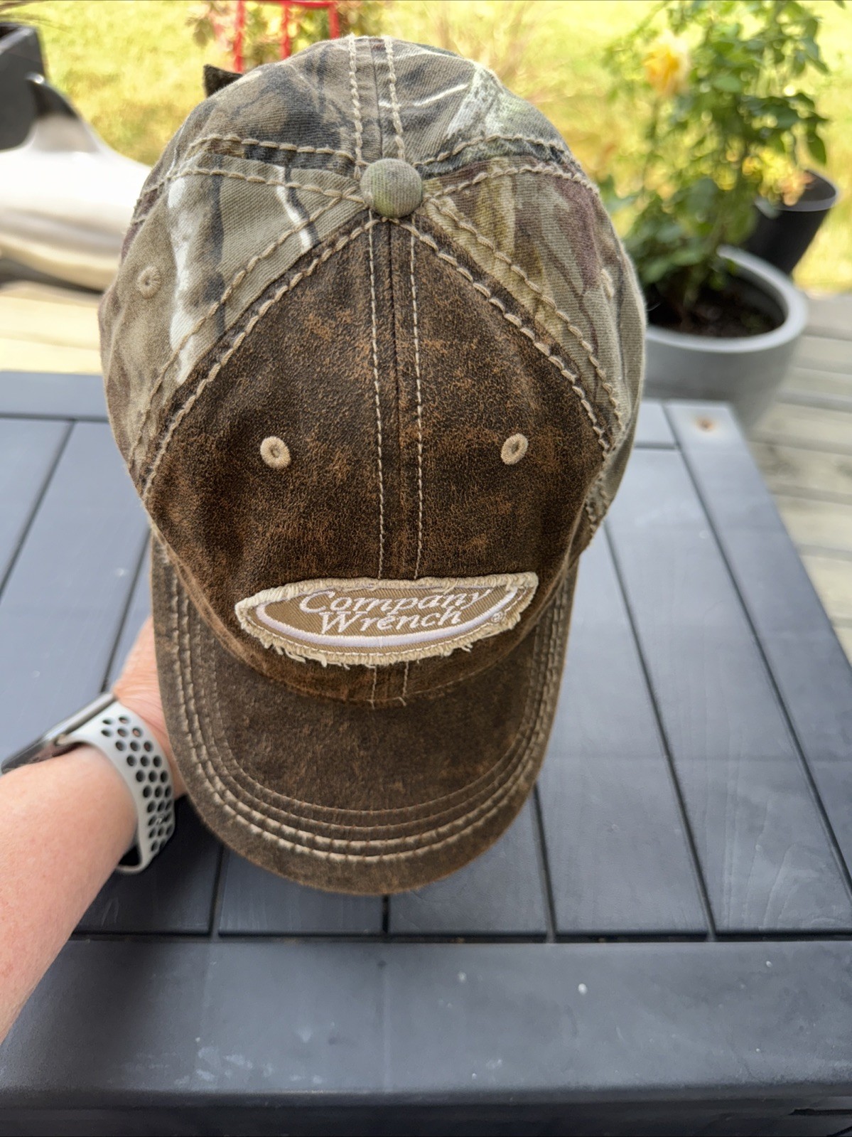 Company Wrench Distressed Patch on Faux Leather Camouflage Hat Cap Hook Loop