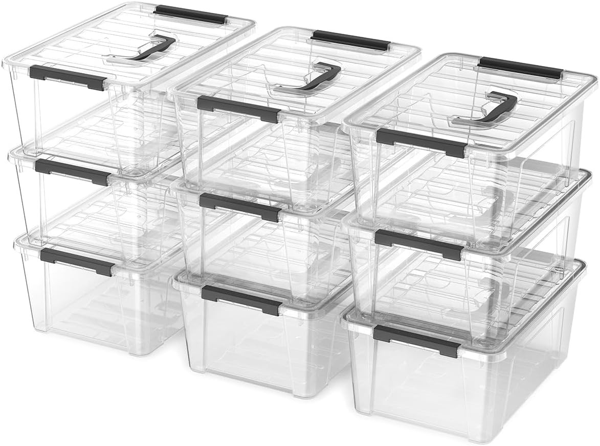 Stackable 9-Pack Clear Plastic Storage Bins with Lids - 6 Quart Containers