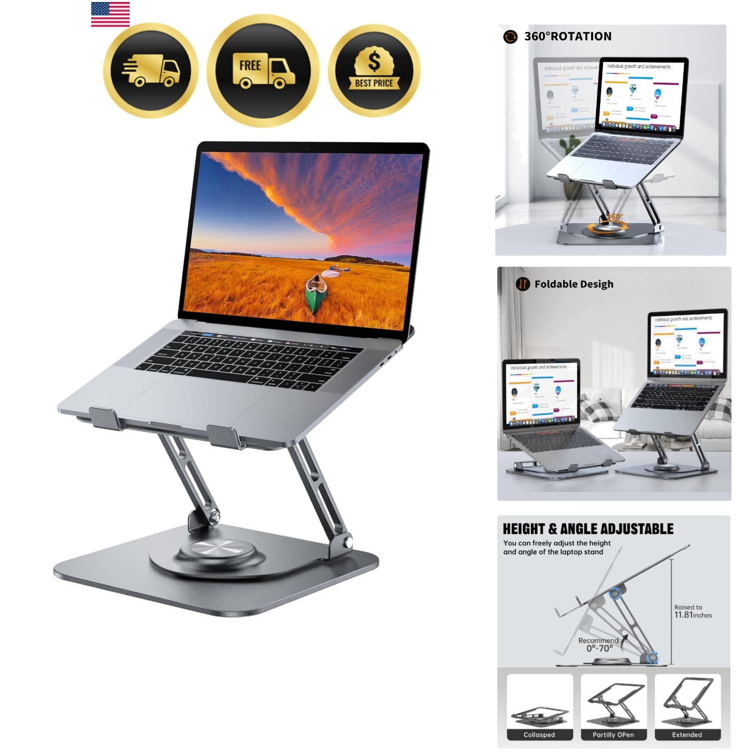 Laptop Stand for Desk, Adjustable Computer Stand with 360° Rotating Base, Erg...