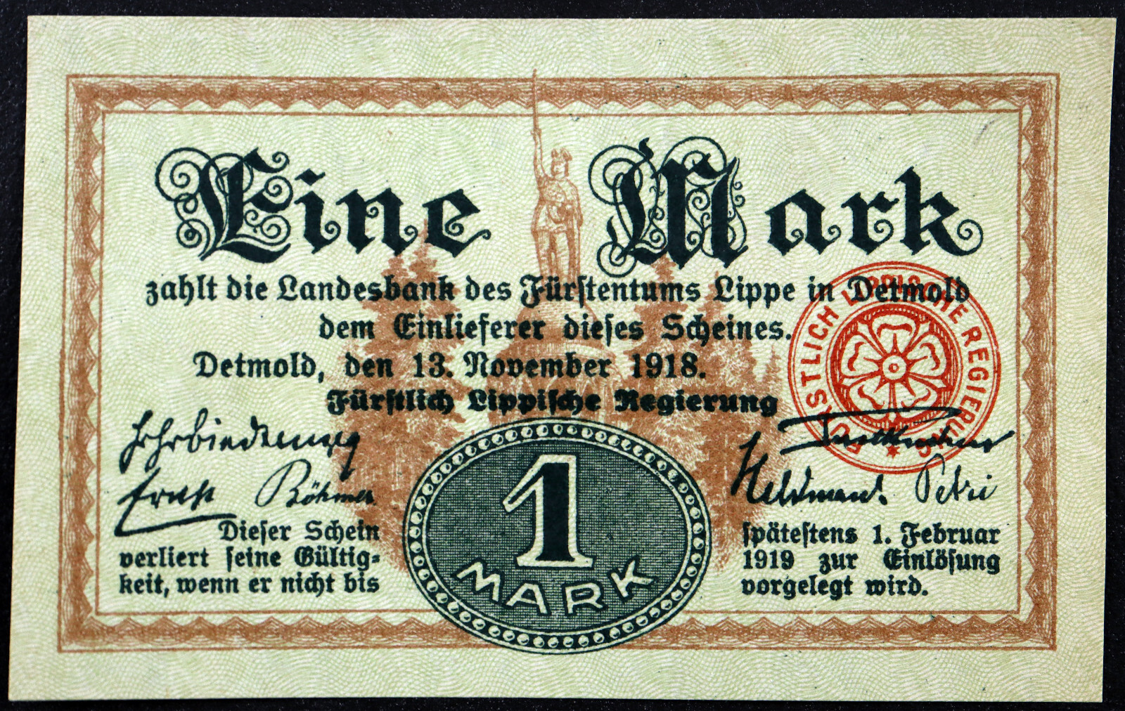 DETMOLD / LIPPE 1918 1 Mark Grossnotgeld German Notgeld Länderbanknote