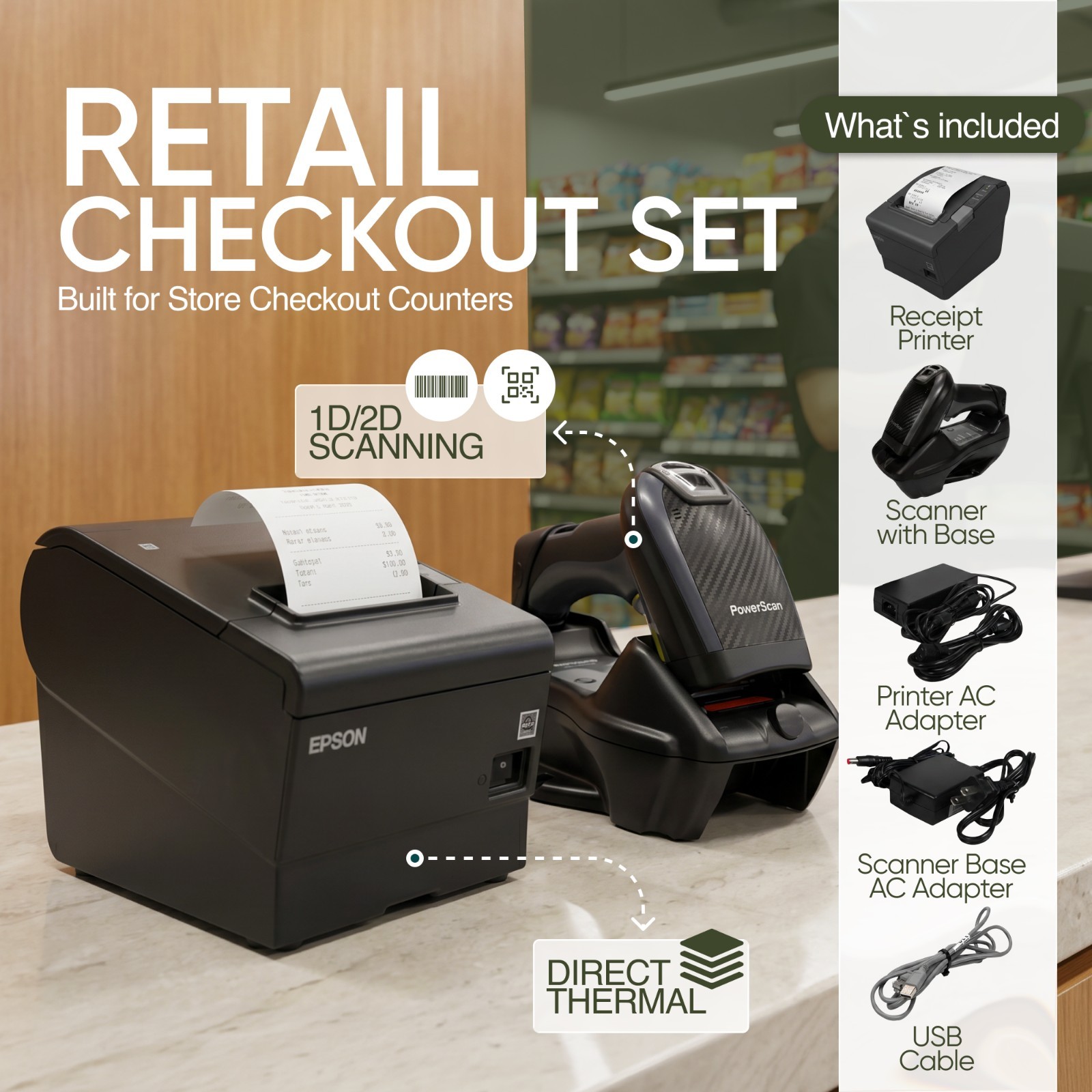 SET FOR CASHIER Epson TM-T88V Receipt Printer Datalogic Powerscan PM9501 Scanner