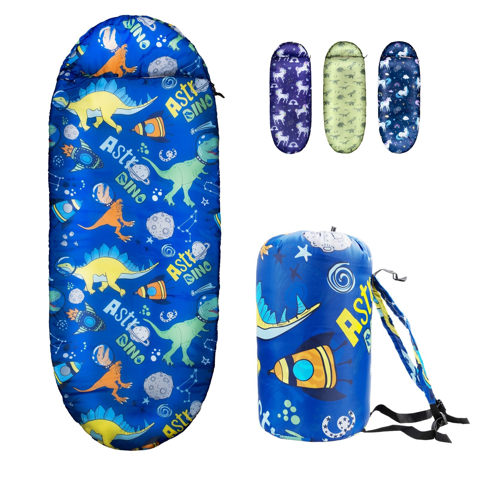 Kids Sleeping Bags for Boys Girls w. Carry Bag in Dino - Camping Scout Sleepover