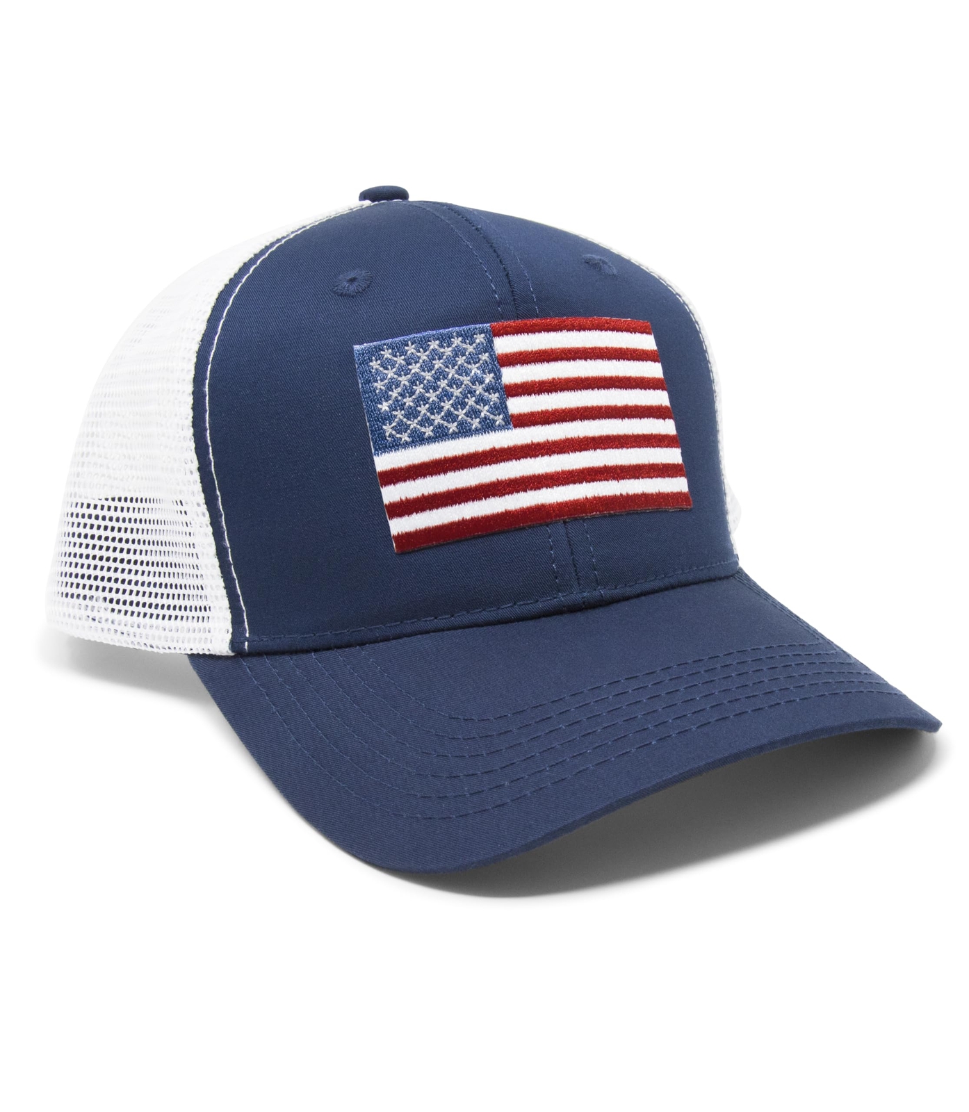 American Flag Hat - USA Flag Patriotic Trucker Baseball Snapback (Navy/White)