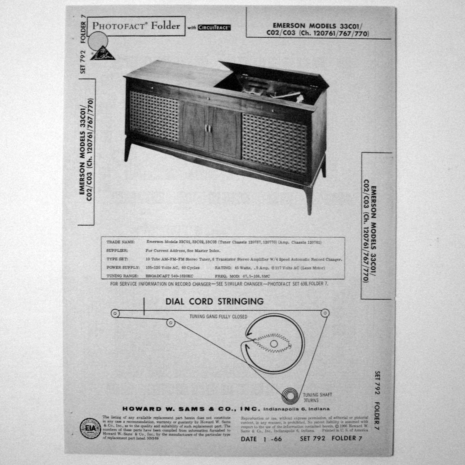 Emerson Models 33C01 33CO2 33CO3 Console Stereo SAMS Photofact ™ 1966 New