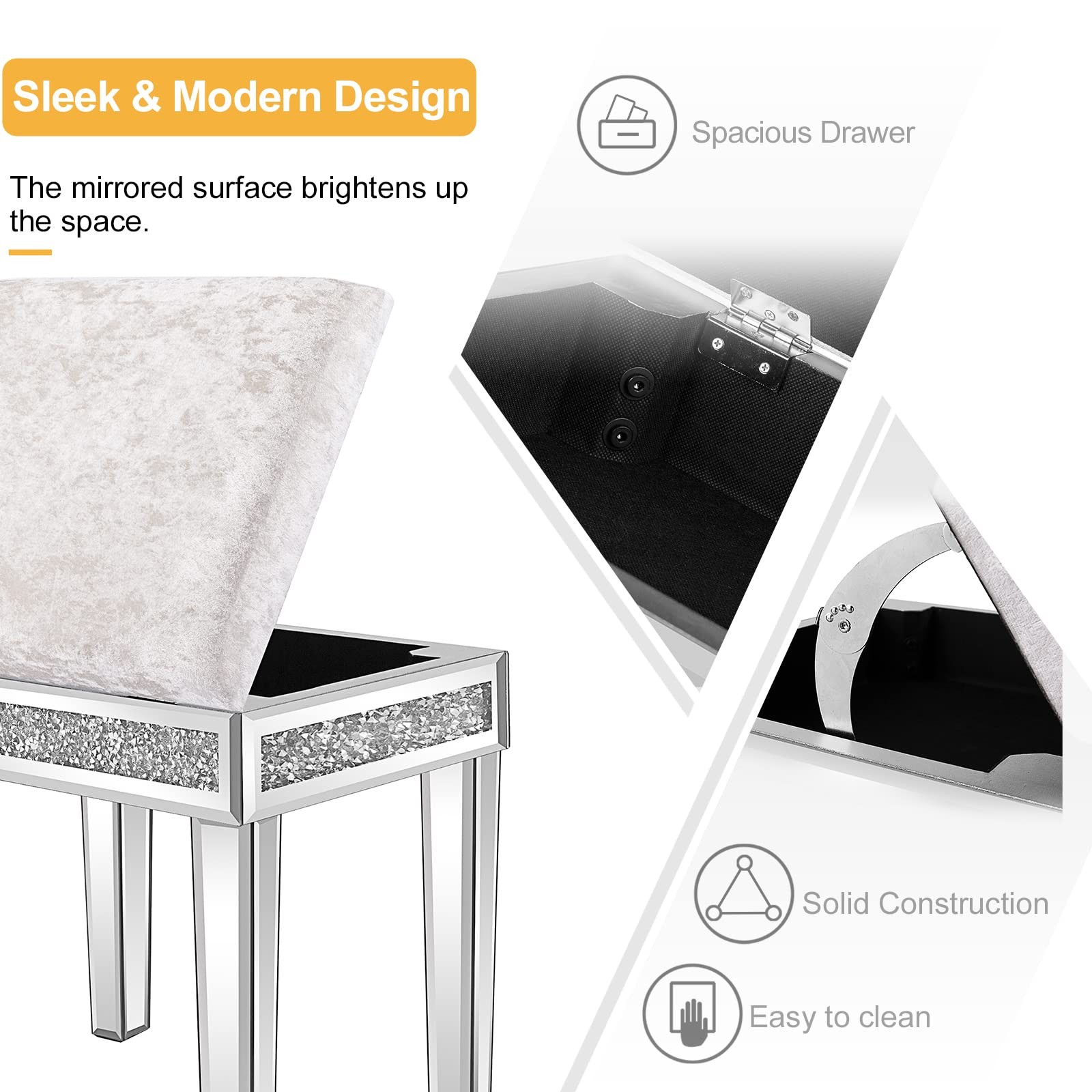 Mirrored Vanity Stool w/ Storage, Upholstered Velvet Ottoman, Makeup Table Bench