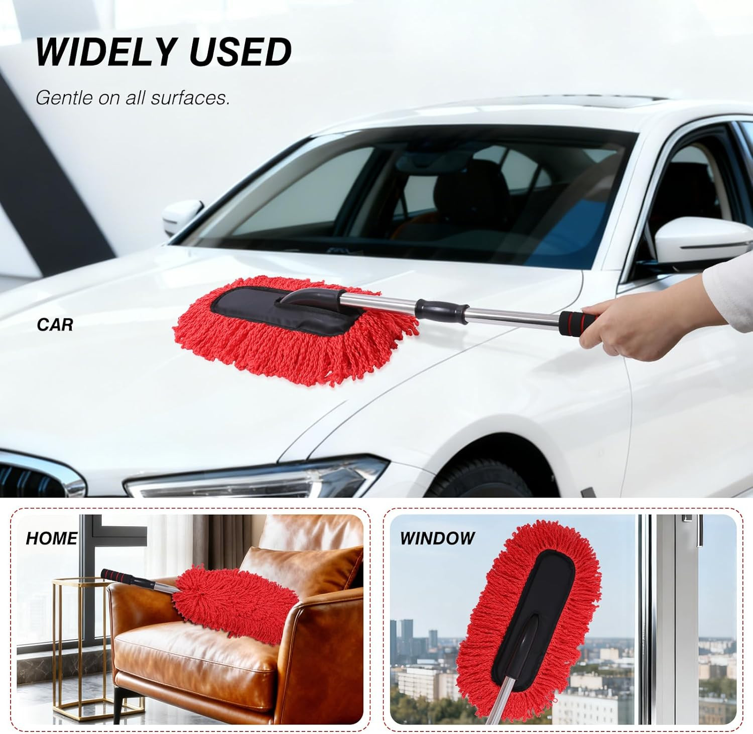 3 Pack Large Red Microfiber Car Duster Exterior Scratch Free with Extendable, Ca