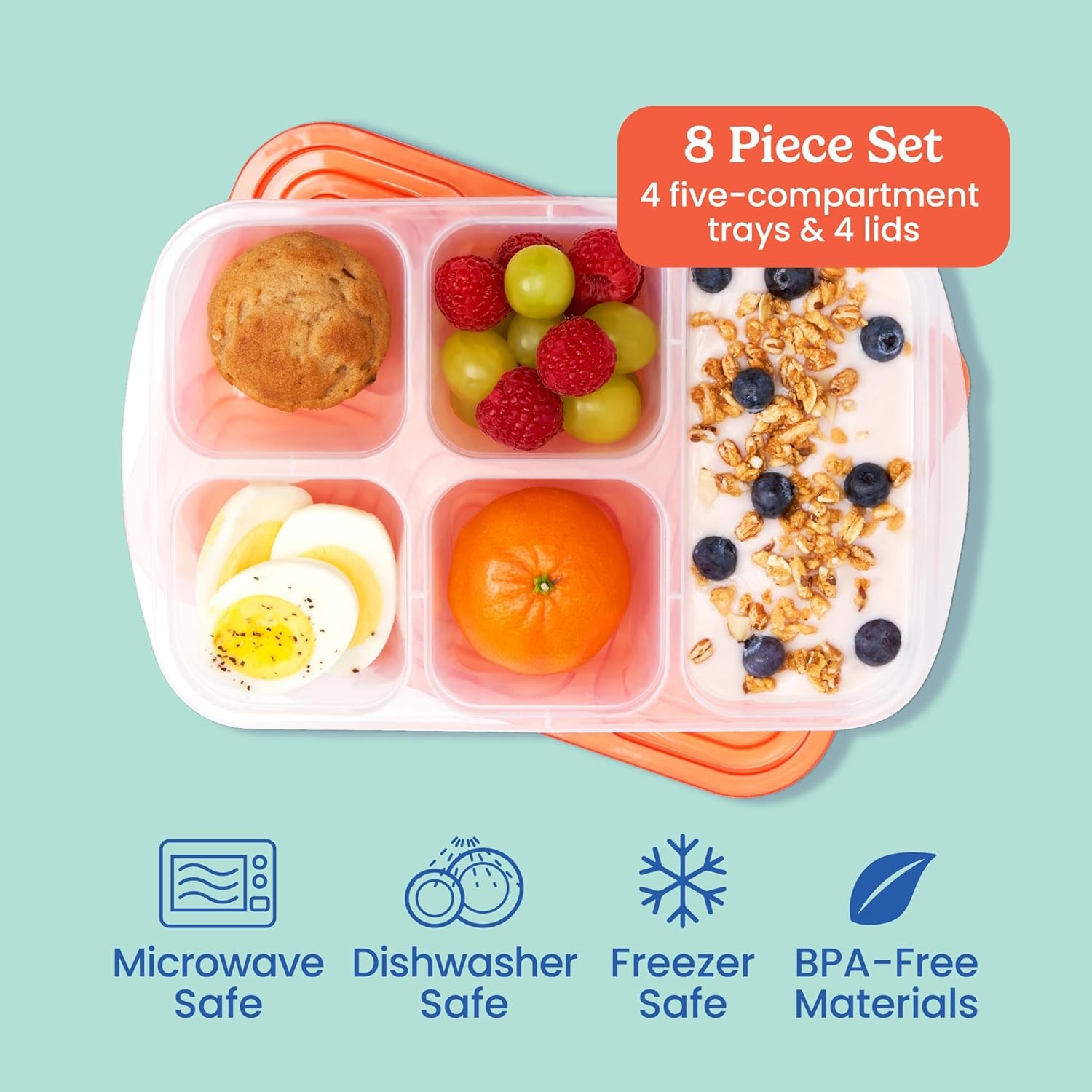Reusable 5-Compartment Food Containers, Stackable 8-Piece Set, 4 Trays & 4 Lids