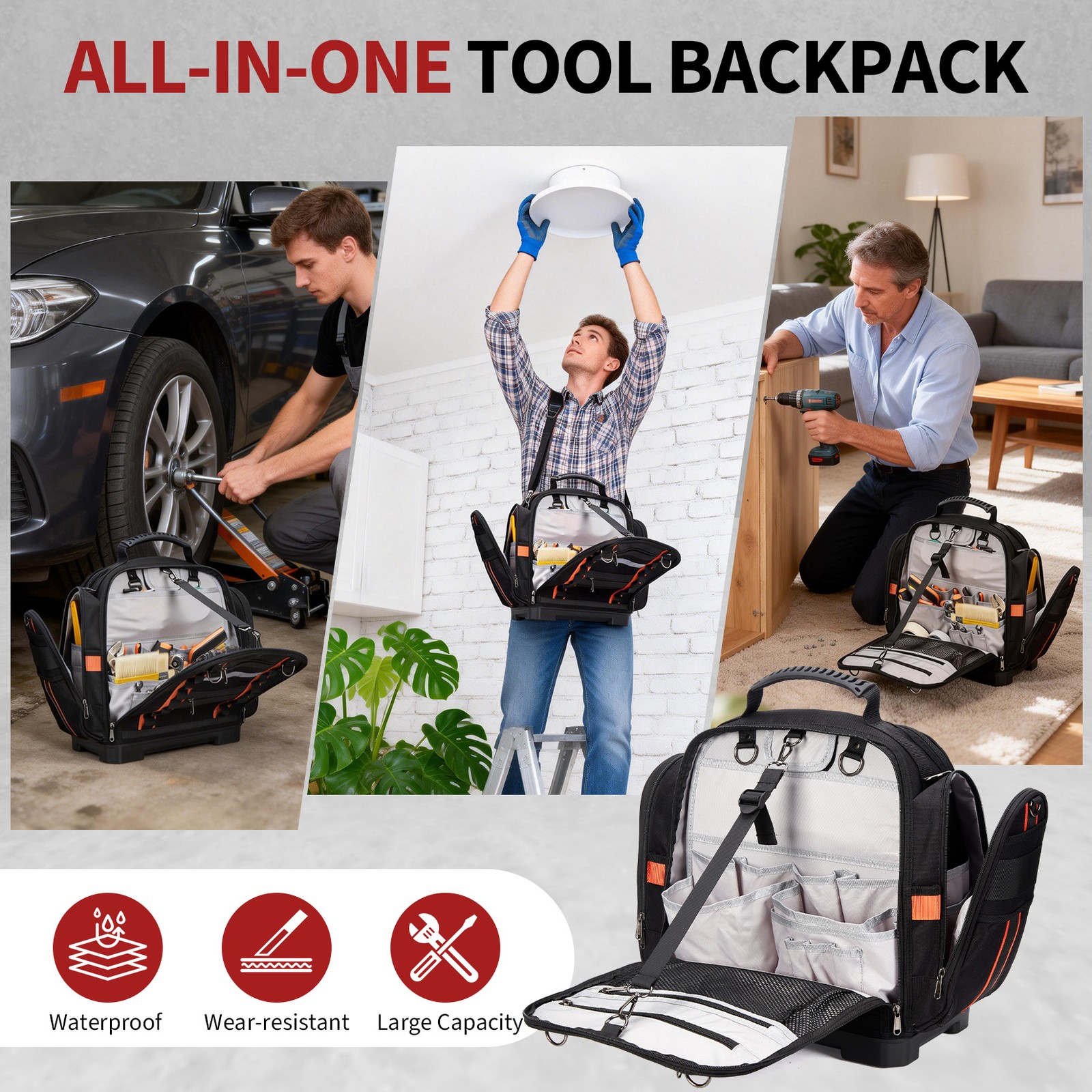 Polyester Tool Bag 15.7" with Rubber Base, 21 Pockets, Removable Shoulder Strap