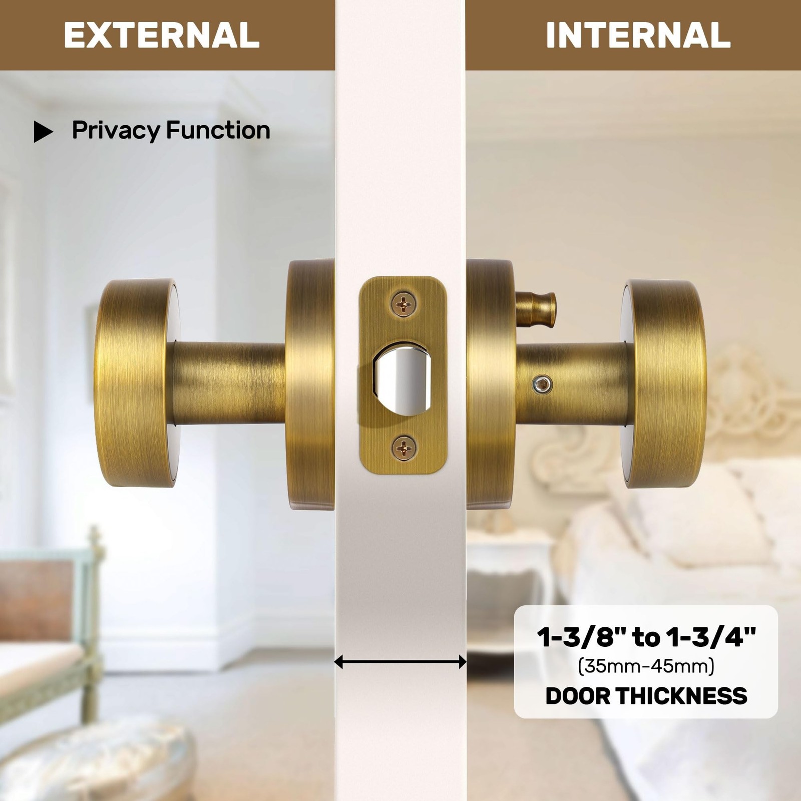 Antique Brass Privacy Door Knobs Interior with Lock, Old Style Round Door Kno...