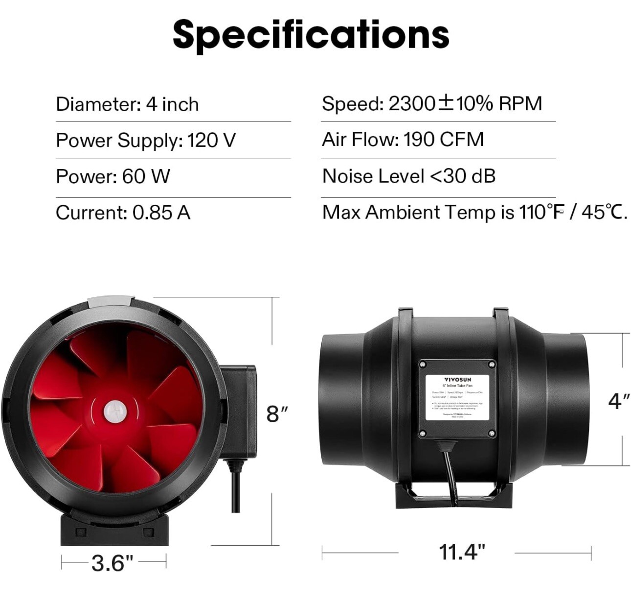 VivoHome Exhaust Inline Duct Fan Black Round 4 INCH 188 CFM NEW