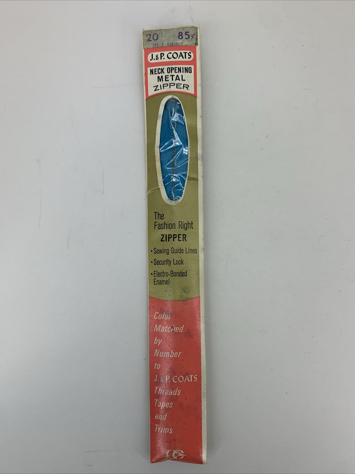 J&P Coats 20” Neck Opening Metal Zipper - 132-A Parakeet - Made In USA Vintage