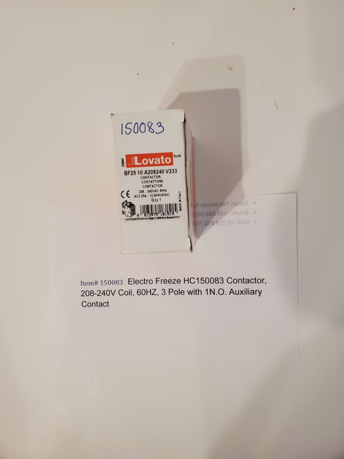 electro freeze parts HC150083 Contactor 208-240V coil