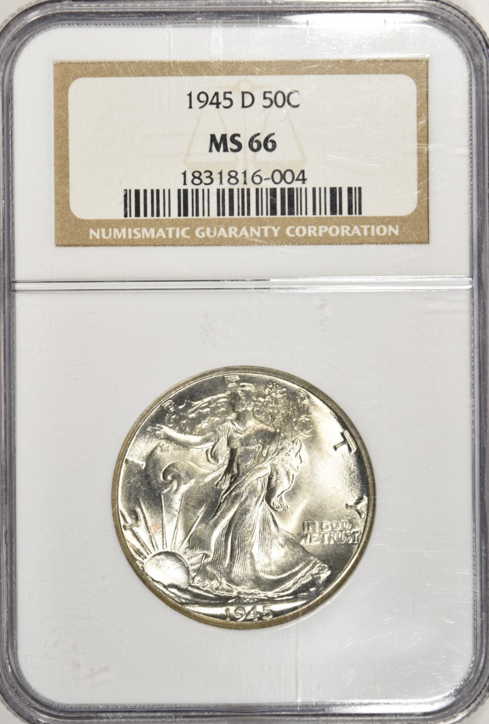 1945-D WALKING HALF DOLLAR ~ SATINY LUSTER! BRILLIANT UNC WHITE GEM NGC MS66!