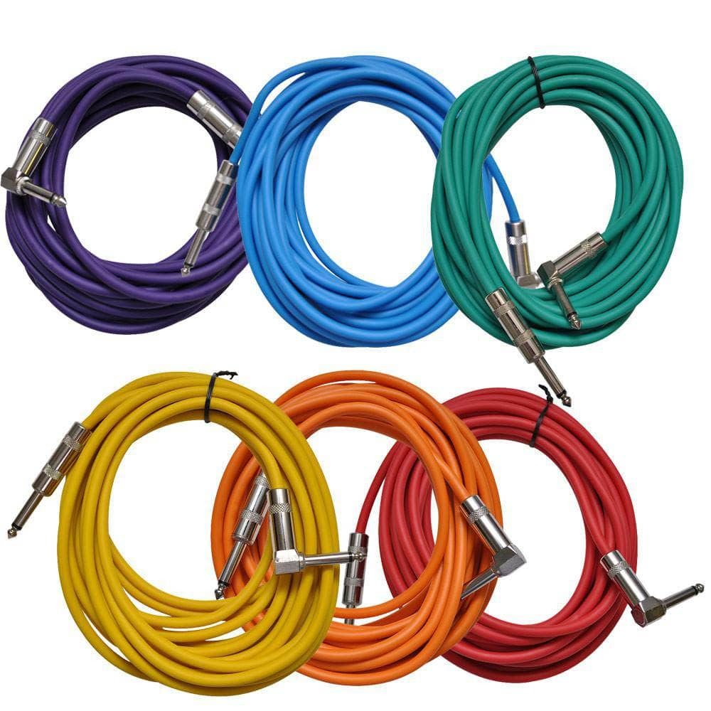 6 Pack Colored 20ft Right Angle to Straight Guitar Cables