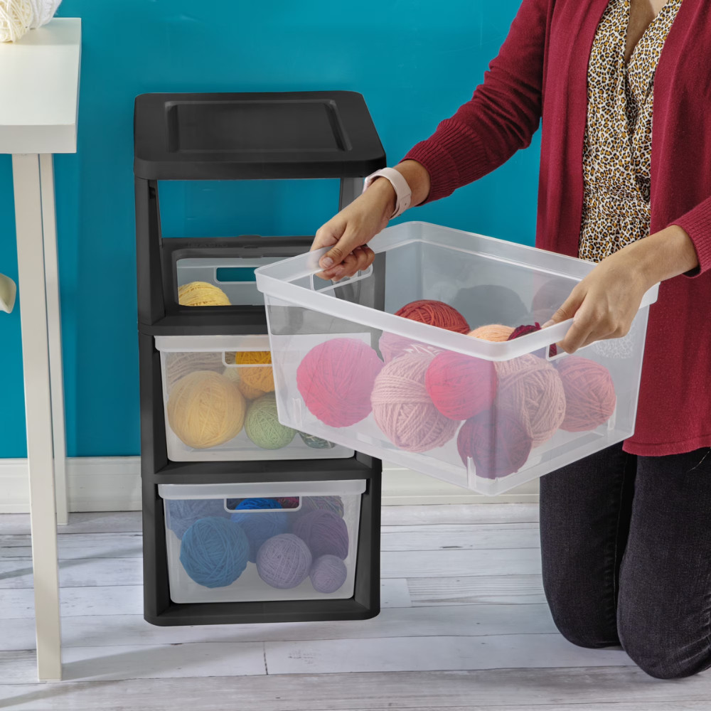 2Pack Sterilite Medium 3 Drawer Tower Plastic Storage Bins Organizer Unit, Black