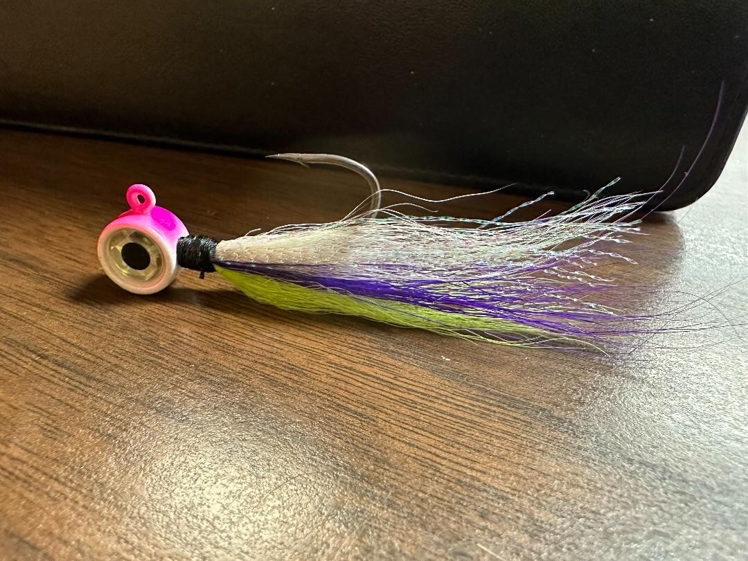 10 Big Eye Bucktail Jig Head purple, yellow and white with flash.  Walleye Jigs