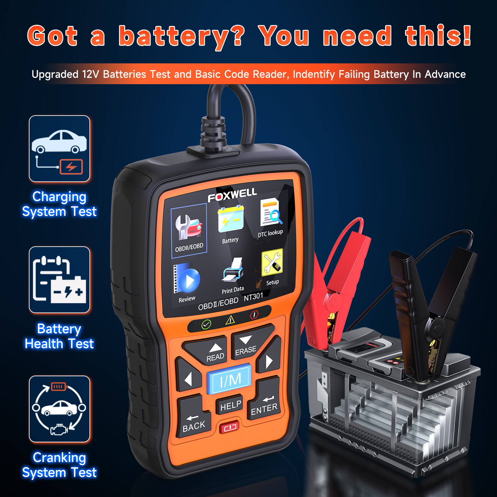 OBD2 Automotive Scanner Battery Tester Full Engine Code Reader Diagnostic Tool