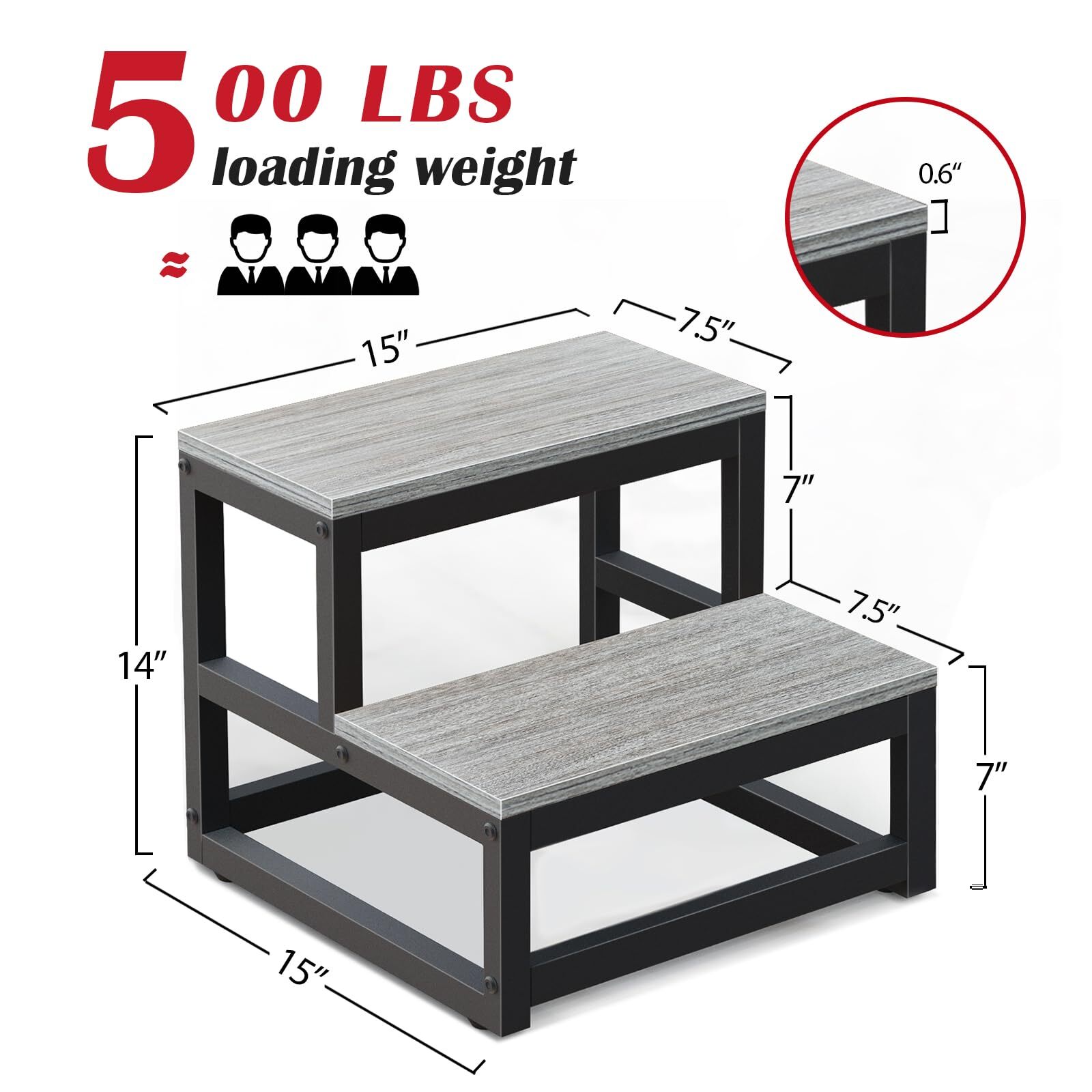 Step Stools Adults Kids 2 Step Heavy Duty Steel Wood 500lb Support Grey