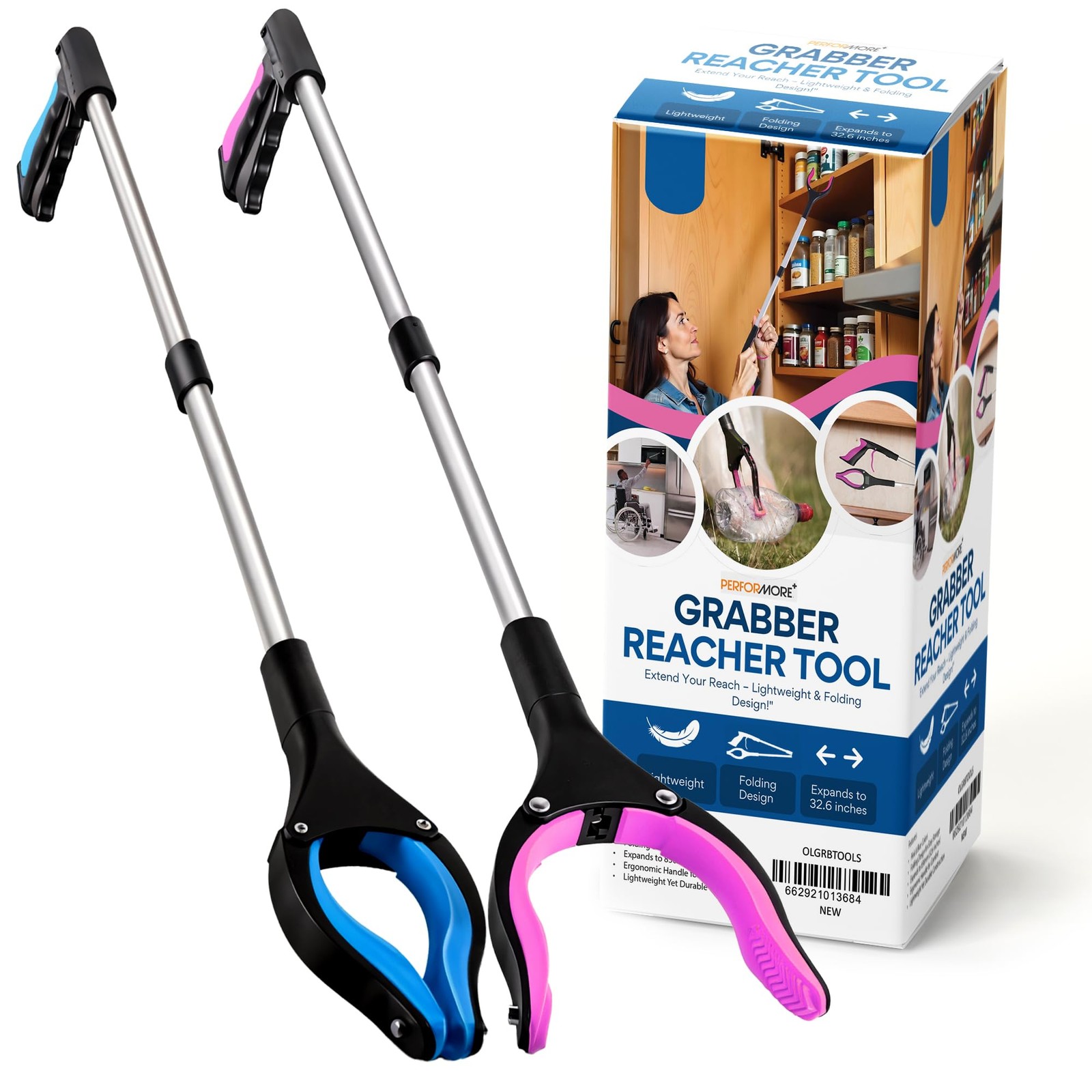 2-Pack Grabber Reacher Tools – 32" Lightweight Pick-Up Sticks (Pink & Blue) –...