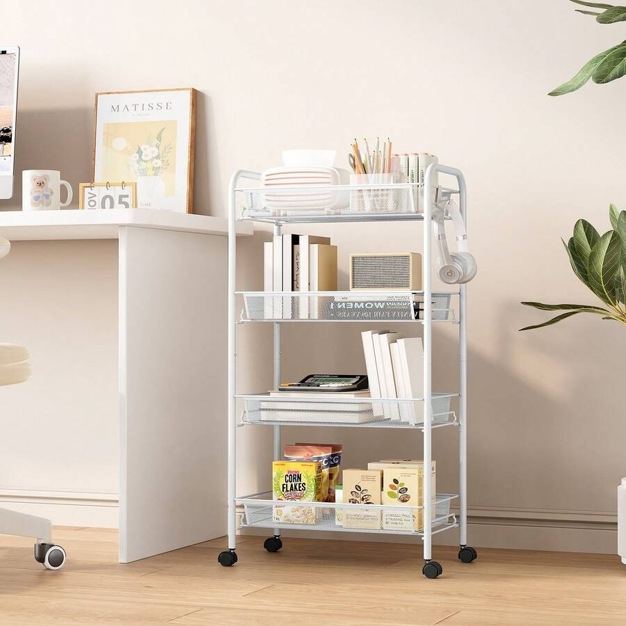Purple 4-Tier Rolling Metal Utility Cart with 3 Hooks & Wheels