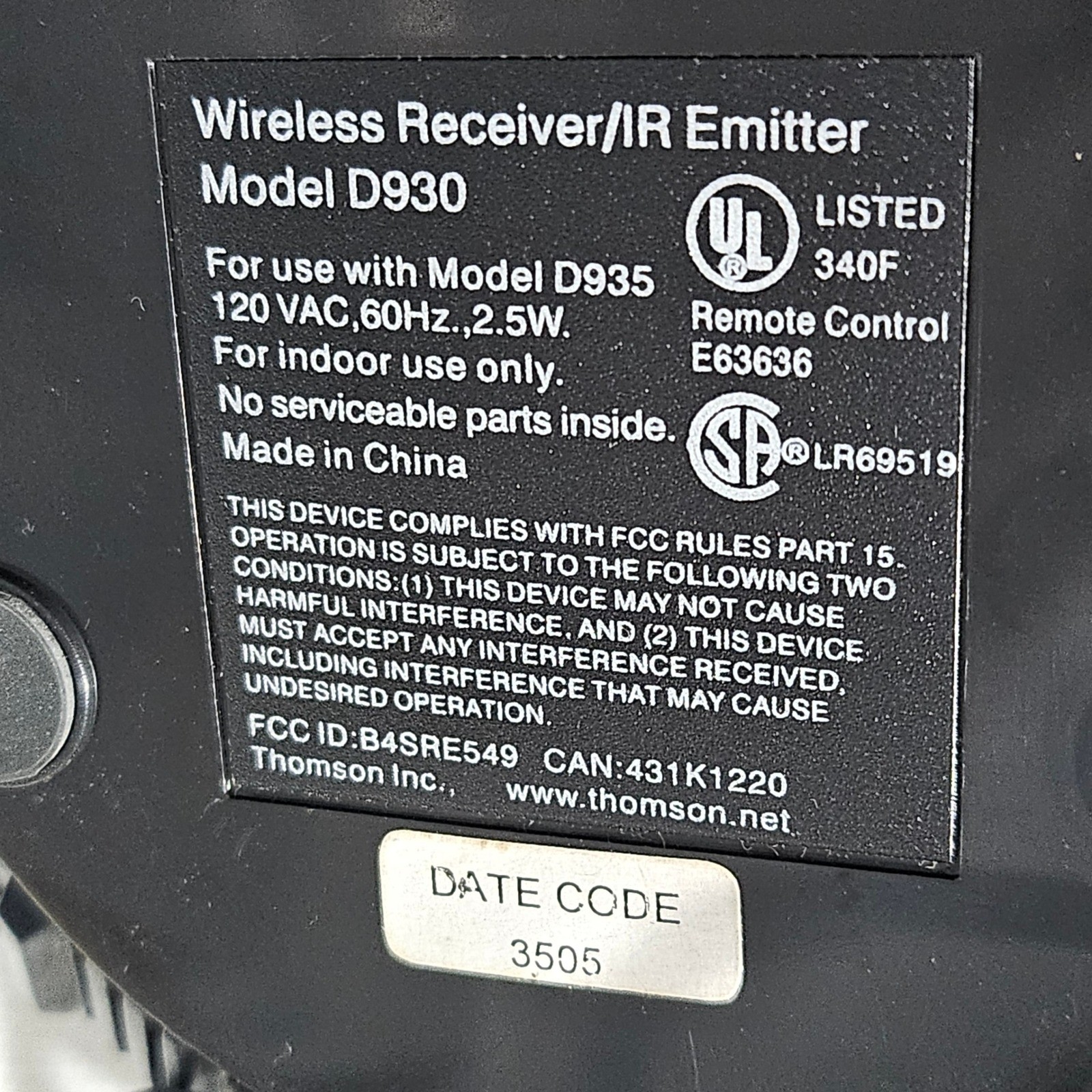 RCA Wireless Receiver IR Emitter / IR Sensor Wireless Transmitter D930 D935